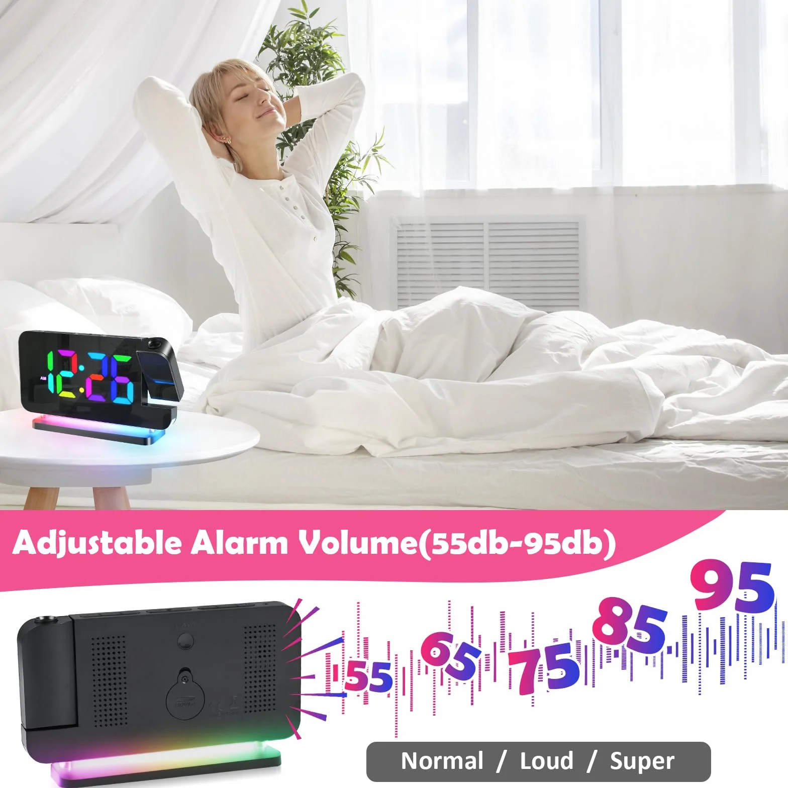 Euakee Budzik z projekcją, cyfrowy zegar z lustrem LED 7,4", 10 kolorów, projektor obracany o 180°, ładowarka USB, budzik z projektorem dla dzieci, sypialni, chłopców i dziewczynek