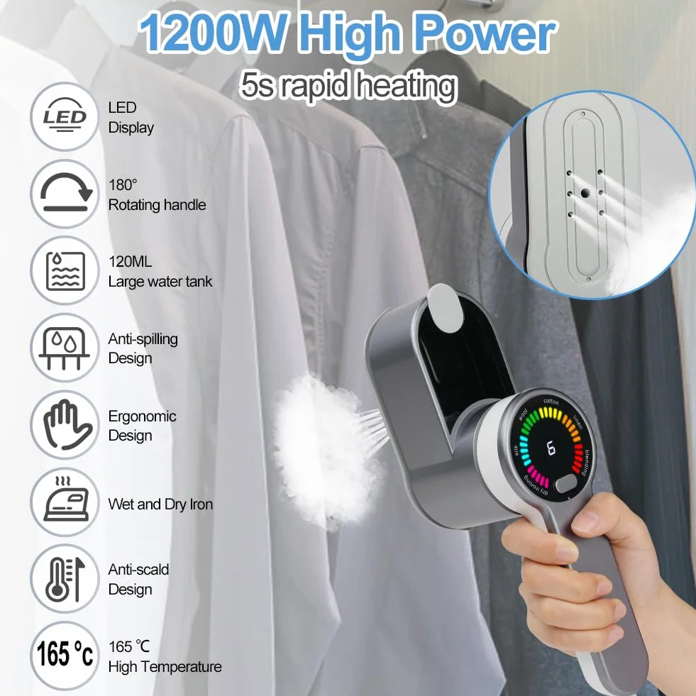 AUAUY Mini żelazko podróżne 1200 W - 6 inteligentnych trybów prasowania, 2 w 1 pionowe parowanie i prasowanie, szybkie nagrzewanie w 5s