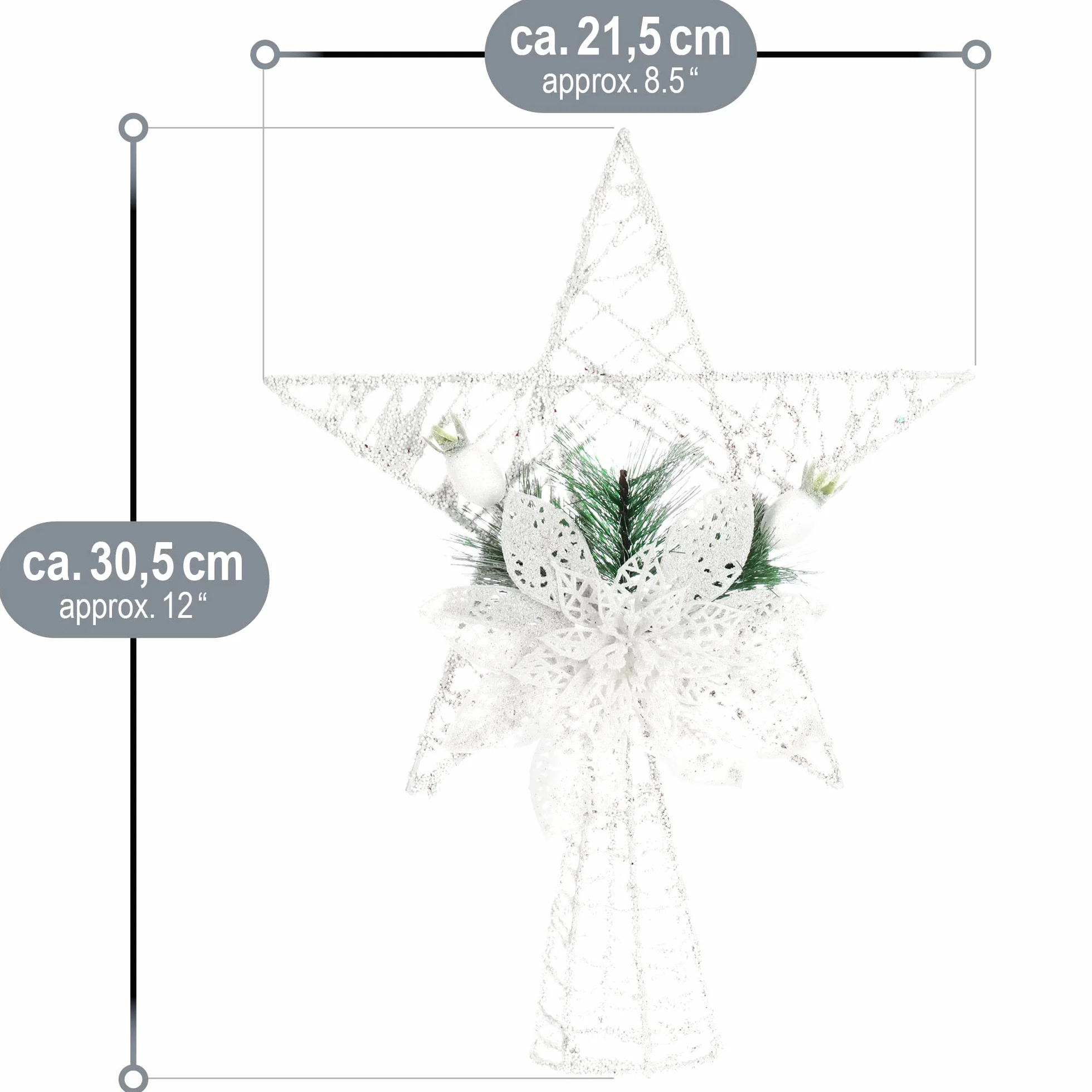 com-four® dekoracyjna gwiazda swiateczna – metalowa ozdoba z igla sosny, kwiatem i jagoda – biala gwiazda stojaca (White Classic Star XL)