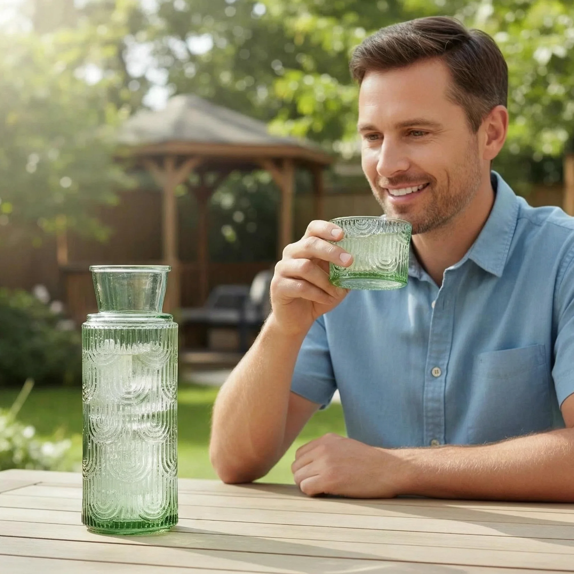 Nocna karafka na wodę i zestaw szklanek, dozownik wody do płukania ust do łazienki, 600 ml, szklany dzbanek z pokrywką 170 ml, do kuchni, sypialni i jadalni (zielony)