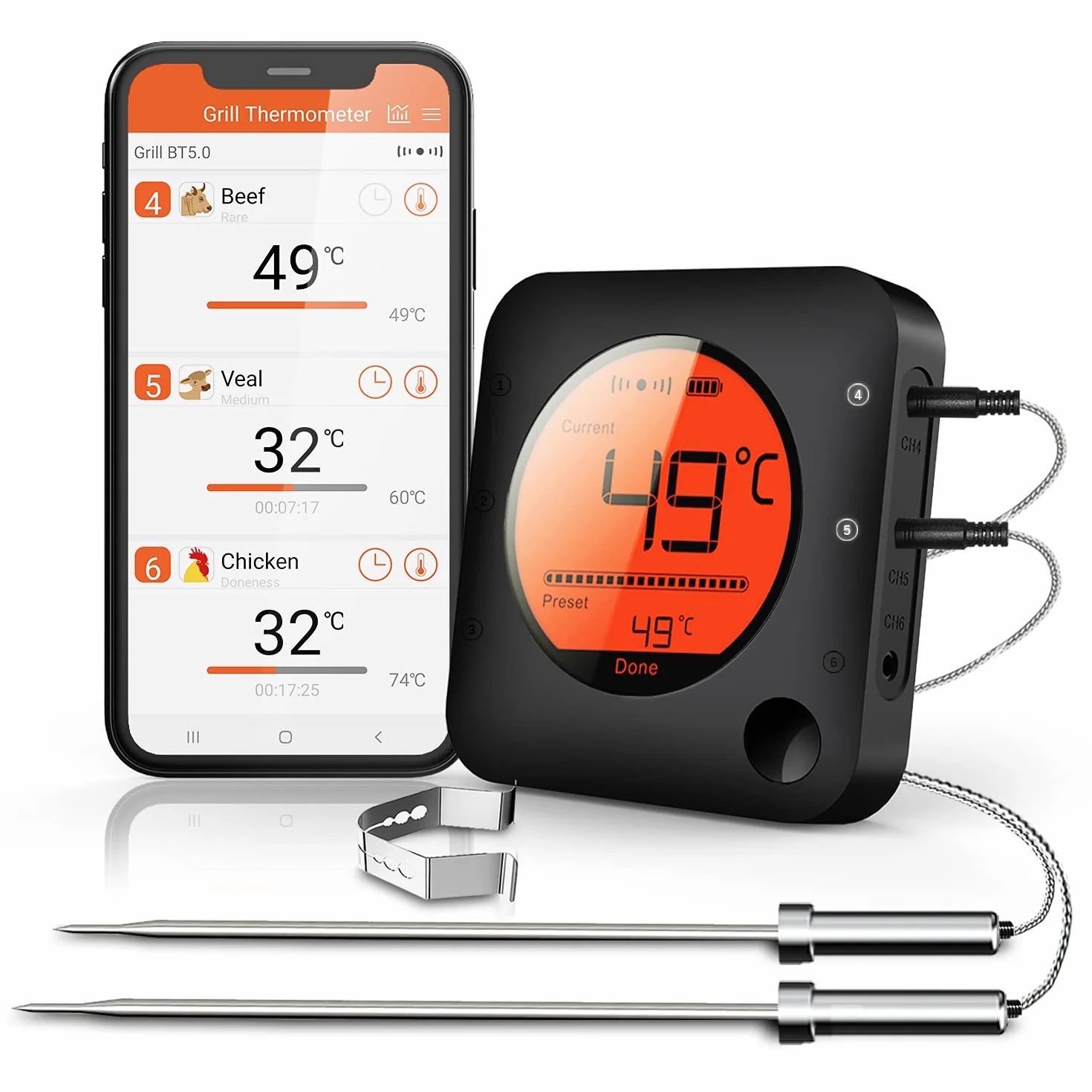 BFOUR termometr do grilla Bluetooth, cyfrowy termometr radiowy z 2 sondami, termometr do mięsa, termometr do pieczenia, 2 czujniki temperatury z alarmem, prezent do kuchni, do piekarnika, do mięsa i płynów