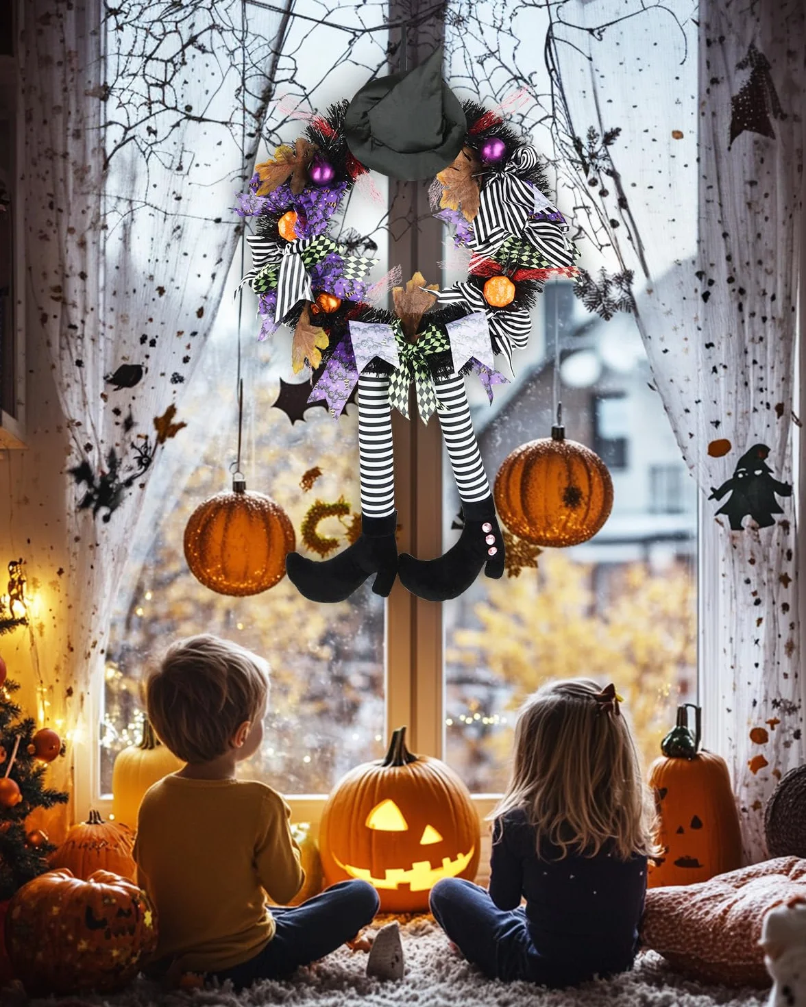 SHAVINGFUN Dekoracje Halloween, Wieniec Czarownicy, Czarny Wieniec z Kapeluszem, Czarownice, Dynia, Do Wewnątrz i Zewnątrz, Do Domu