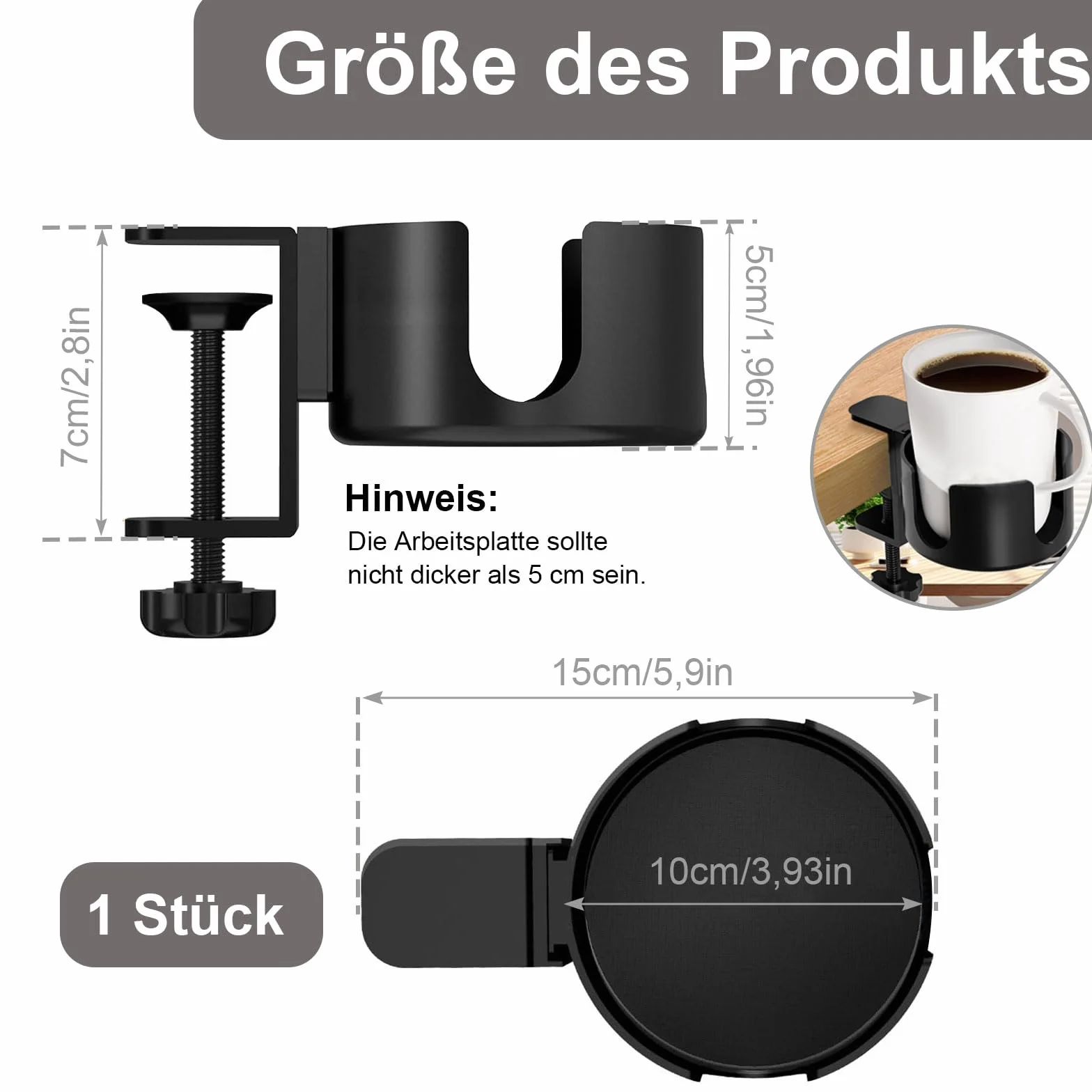 Biurkowy uchwyt na kubek, regulowany biurkowy uchwyt na butelkę, biurowy uchwyt na kubek ze stopu aluminium, biurkowy uchwyt na napoje, do wody, filiżanki do kawy, soków owocowych (czarny)