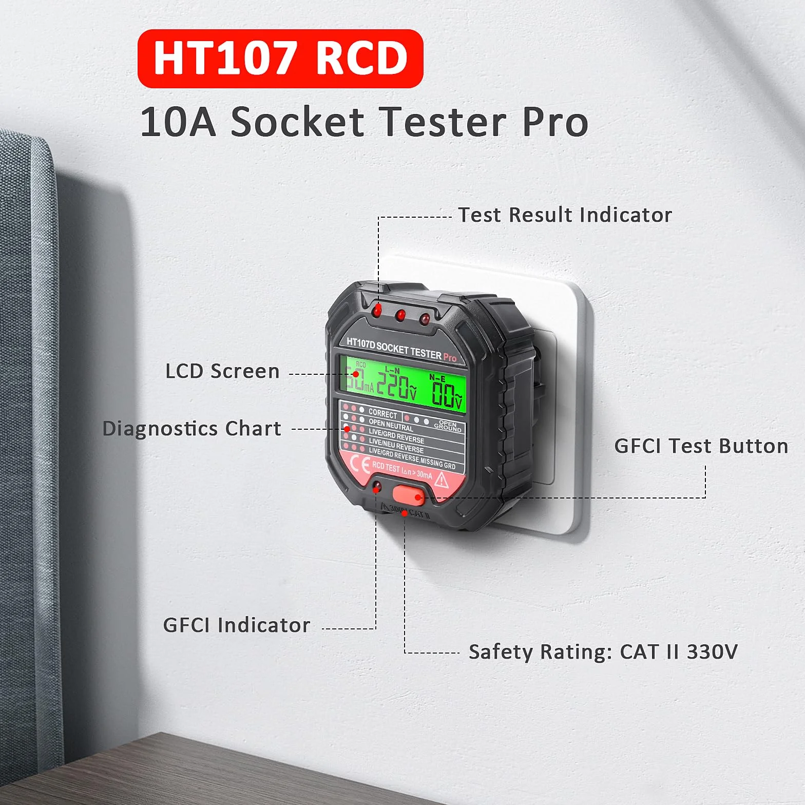 Automatyczny tester gniazd elektrycznych z ekranem LCD, Euakee 6 rodzajów diagnostyki błędów, wskaźnik napięcia i zasilania, test FI, detektor napięcia HT107D
