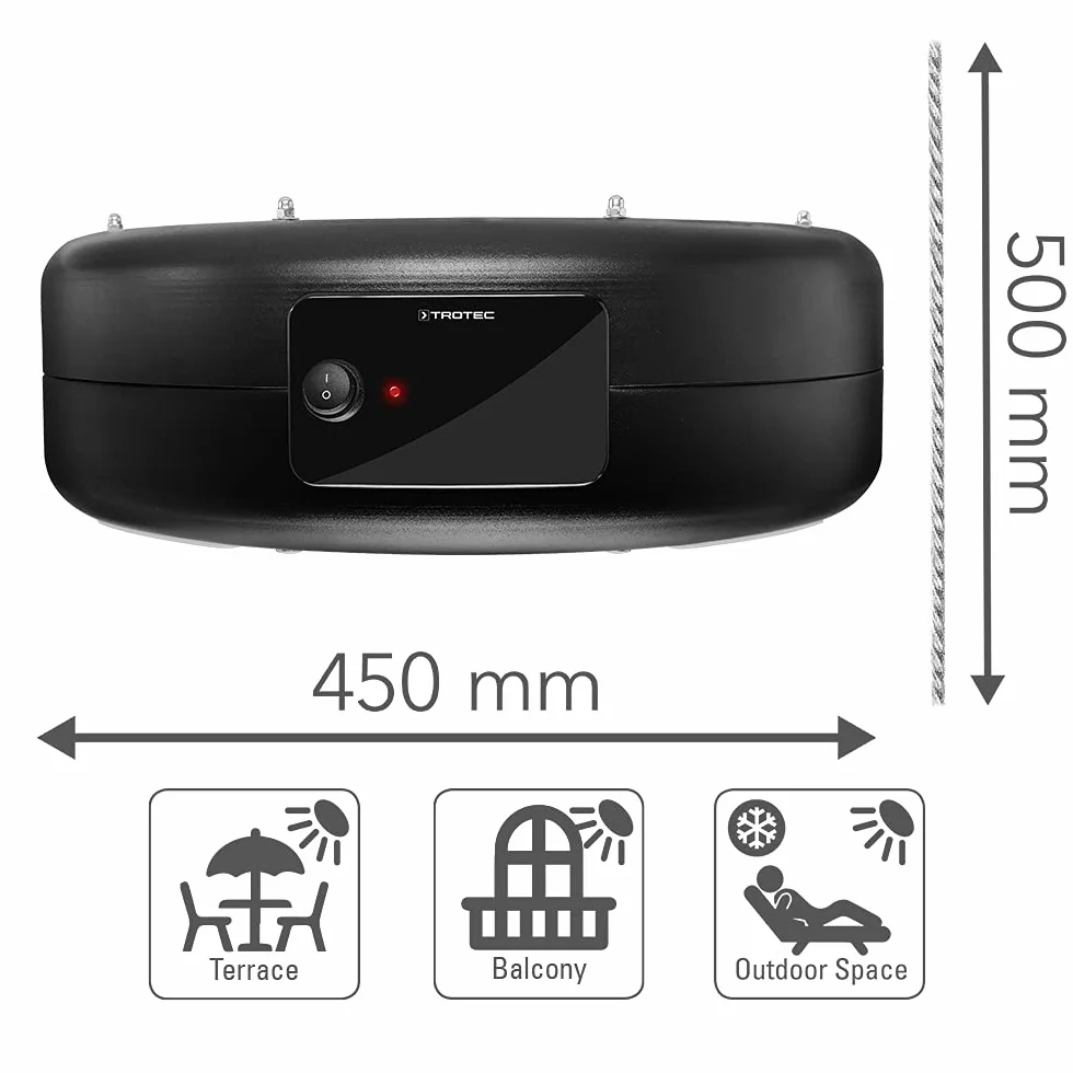TROTEC Promiennik podczerwieni IR 1550 SC – moc grzewcza 600 W / 900 W / 1500 W – promiennik sufitowy do patio, inkl. Fernbedienung, oświetlenie LED