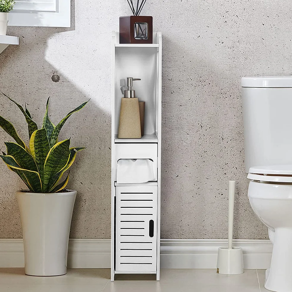 GOTOTOP Biała drewniana szafka kolumnowa nowoczesna szafka do przechowywania szafka toaletowa z 2 półkami, 1 szufladą i 1 drzwiczkami 80 × 15,5 × 15 cm