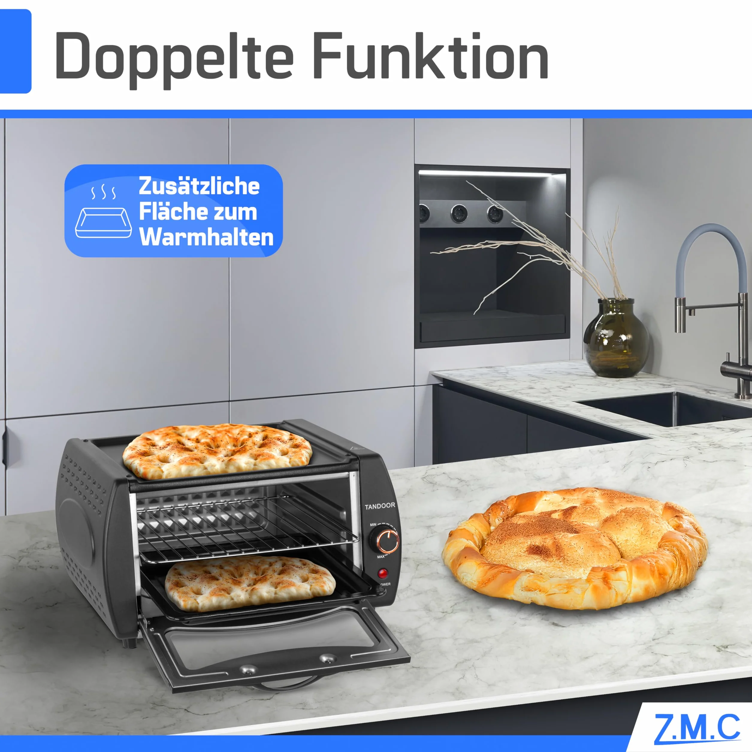 ZMC Mini Tandoor 2100 W 22 l – piekarnik do lahmacun, pizzy, naan i chleba, w zestawie blacha do pieczenia i ruszt do grillowania. Szybkie nagrzewanie, idealny