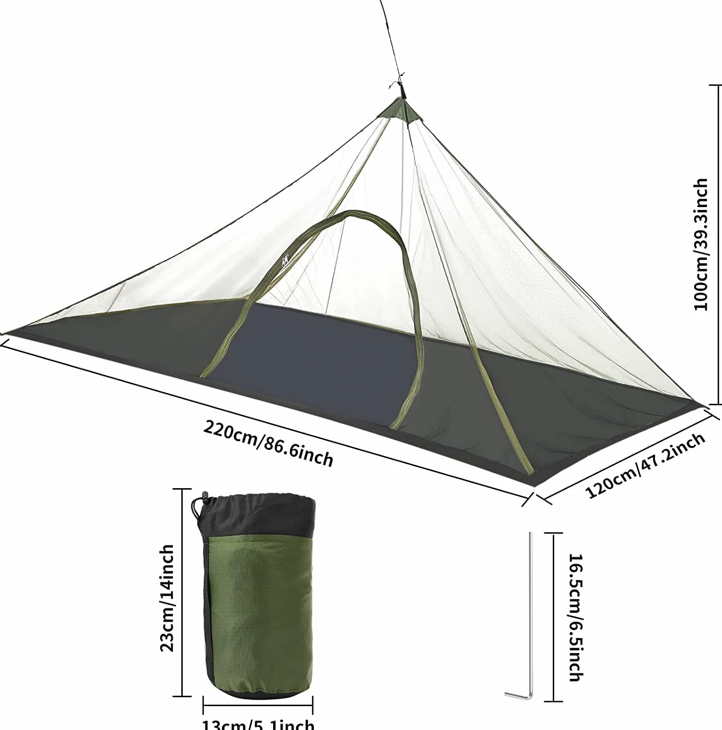 Moskitiera kempingowa z zamkiem błyskawicznym, 220 x 120 x 100 cm, lekka siatka na komary, namiot outdoorowy, kompaktowa moskitiera w podróży, na piknik, wędrówki i do ogrodu
