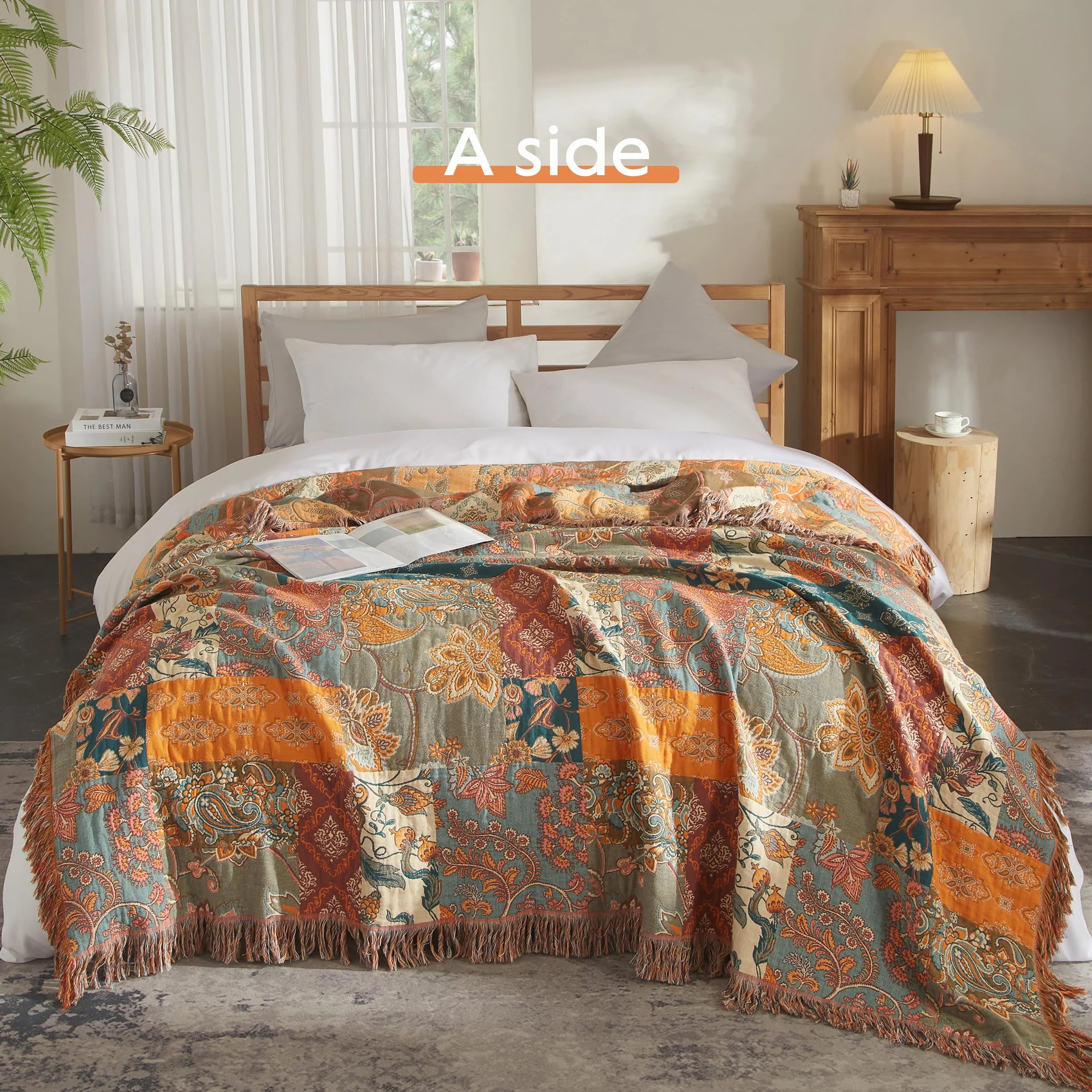 SESoftexly Bohemian koc 100% bawełna, duża dwustronna narzuta muślinowa, 200 x 230 cm, narzuta na sofę i łóżko, estetyczny design, idealny do salonu i sypialni, pomarańczowy/zielony
