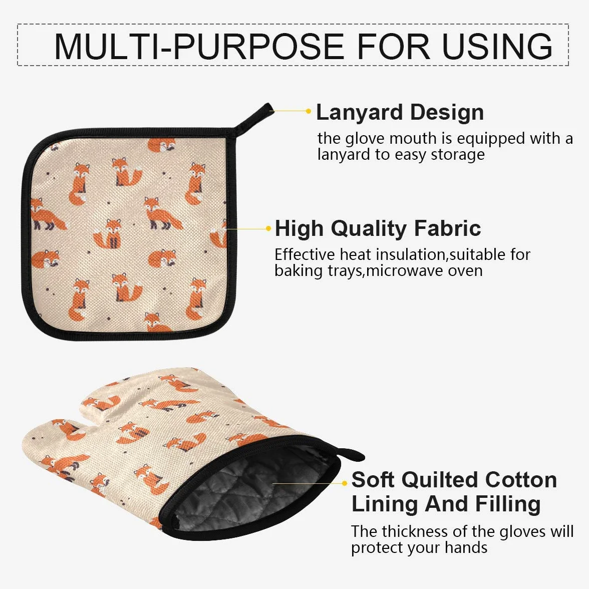 RXYY Cut Animal Fox Spot Pattern Rękawice kuchenne Pikowana bawełniana podszewka Potholders Rękawice grillowe - Rękawice kuchenne i uchwyty na garnki Odporne na wysokie temperatury rękawice