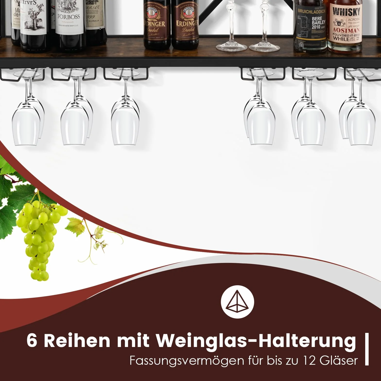 COSTWAY Regał ścienny na wino 2 poziomy drewniany z metalową ramą 6 rzędów uchwytów na kieliszki