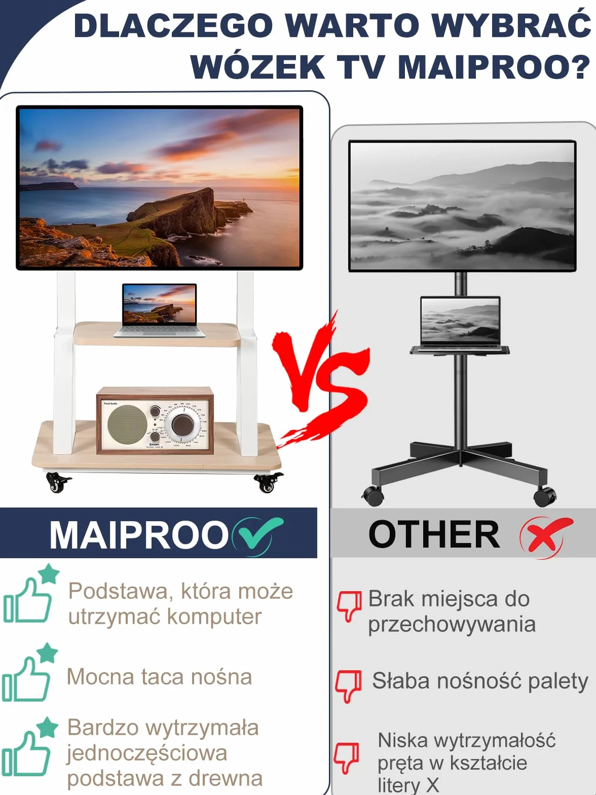 Mobilny stojak na telewizor, na kółkach, płaski / zakrzywiony stojak na telewizor z kółkami z regulacją wysokości, wytrzymały, przenośny stojak podłogowy z drewnianą półką, wytrzymuje obciążenie do 45