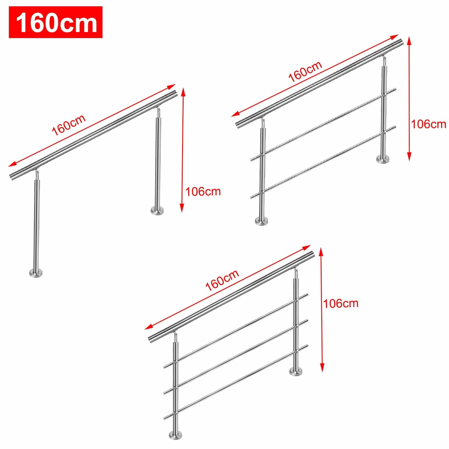 Aufun Poręcz ze stali nierdzewnej, 160 cm, poręcz schodowa do wewnątrz i na zewnątrz, z 2 słupkami, do schodów, balustrady, na balkon (160 cm, 2 poprzeczki)
