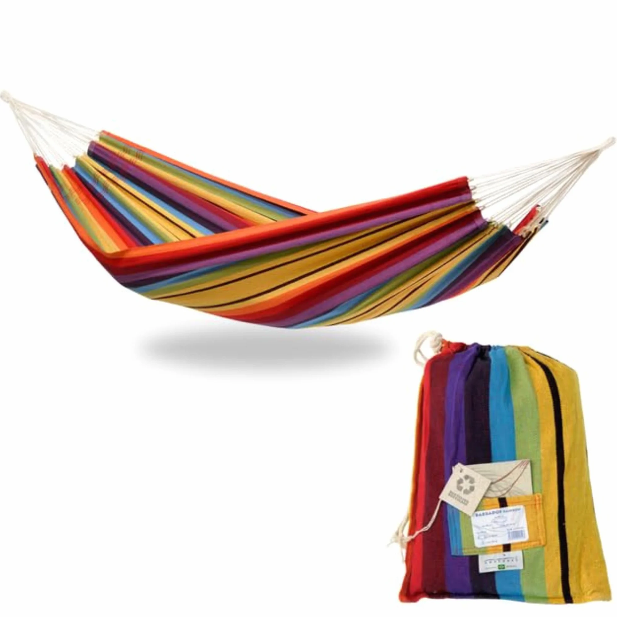AMAZONAS Klasyczny hamak XL Barbados Rainbow wykonany ręcznie w Brazylii, nośność do 200 kg z 230 x 150 cm dla 1-2 osób w kolorowych paskach