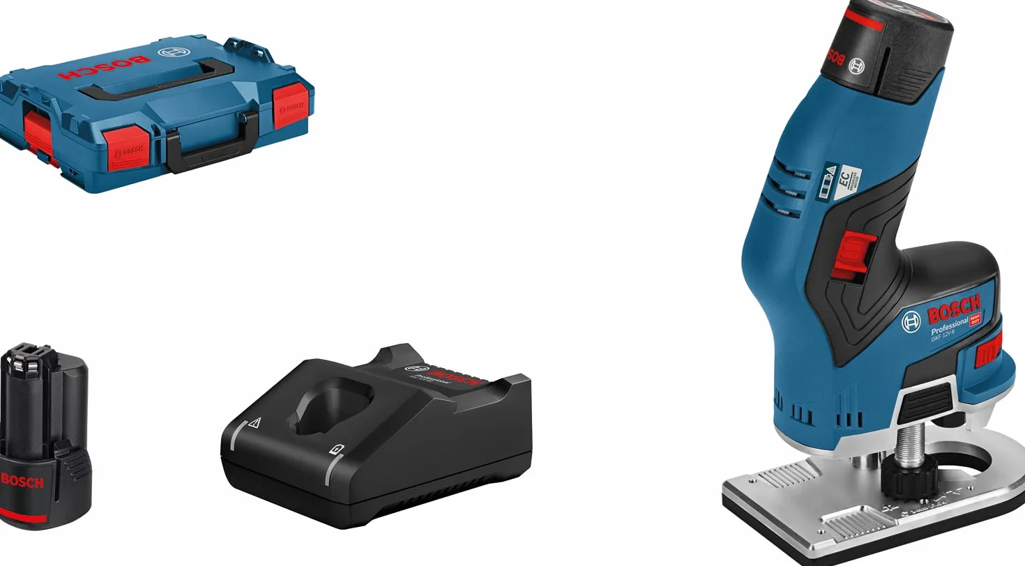 Bosch Professional system 12V: akumulatorowa frezarka krawędziowa GKF 12V-8 (2 akumulatory GBA 12V 3.0Ah + szybka ładowarka, tuleja zaciskowa 8 mm, klucz płaski, walizka L-BOXX)