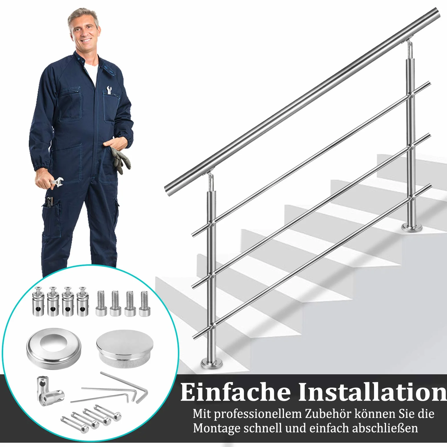 Aufun Poręcz ze stali nierdzewnej, 160 cm, poręcz schodowa do wewnątrz i na zewnątrz, z 2 słupkami, do schodów, balustrady, na balkon (160 cm, 2 poprzeczki)