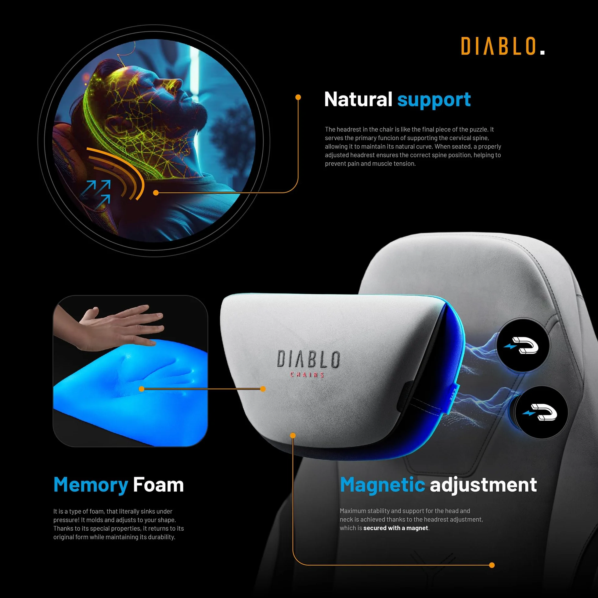 Diablo Fotel gamingowy X.Eye Prime Ergonomiczny Tkanina PC Fotel z Magnetycznym Zagłówkiem Funkcja chłodzenia Wytrzymały Tkanina 140 kg