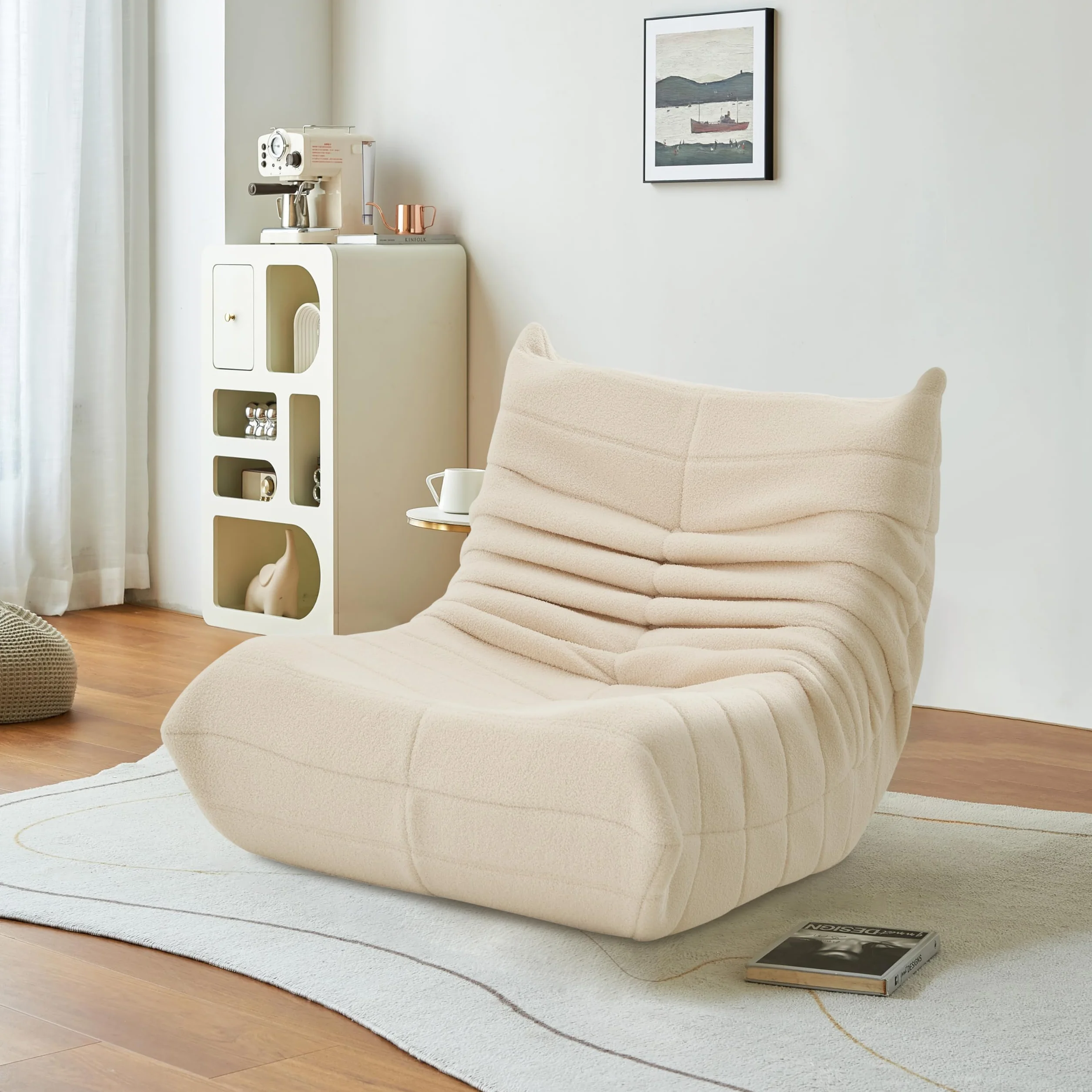 Worek do siedzenia, sofa podłogowa, sofa Togo o ergonomicznym wzornictwie, z pokrowcem ze sztucznego futra i super miękkim schowkiem, Bean Bag do sypialni, salonu (beżowy)