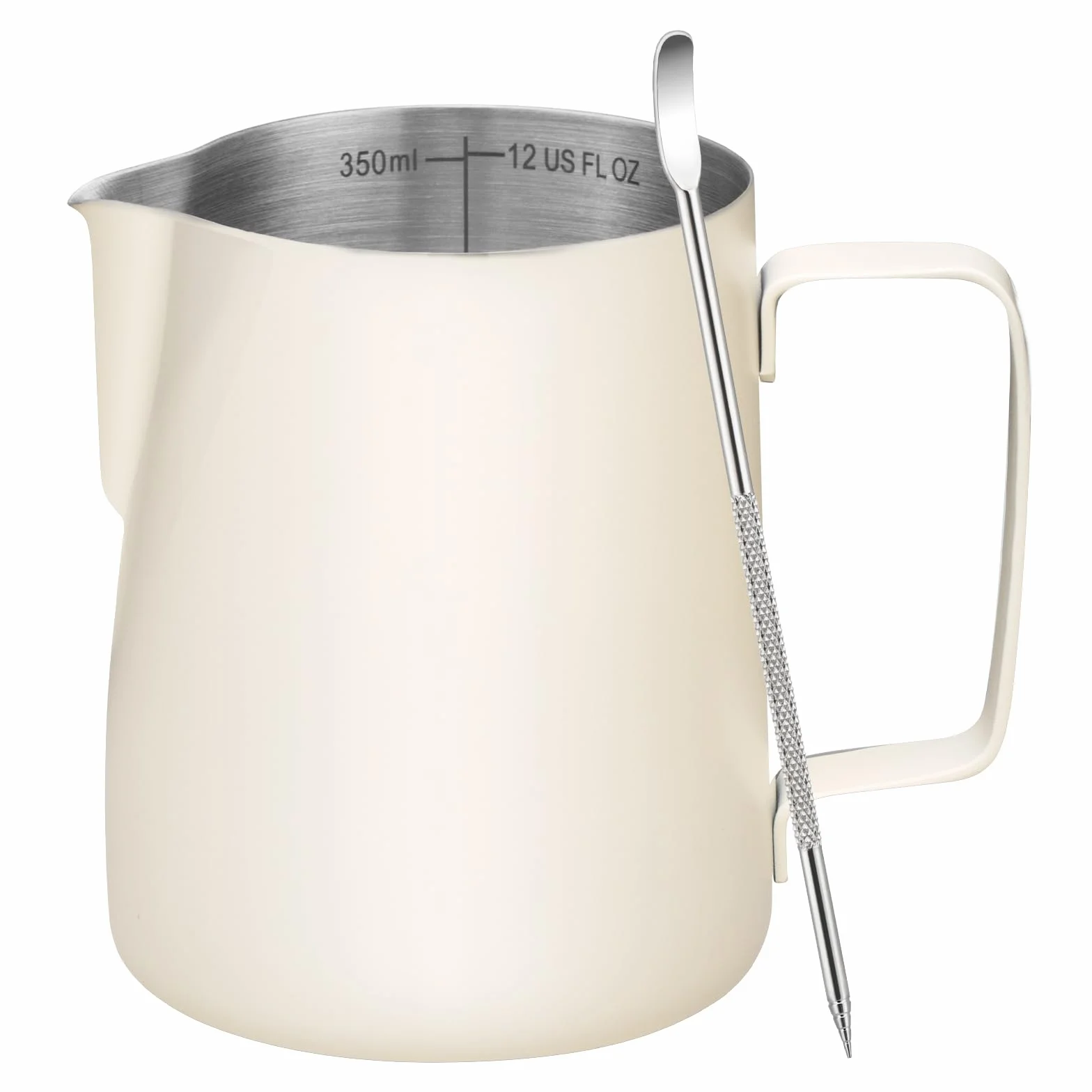 Amrules Dzbanek do spieniania mleka, kubek do spieniania mleka 350 ml z przezroczystą skalą, ze stali nierdzewnej 304, akcesoria do ekspresu do kawy baristy, z piórem latte, beżowy
