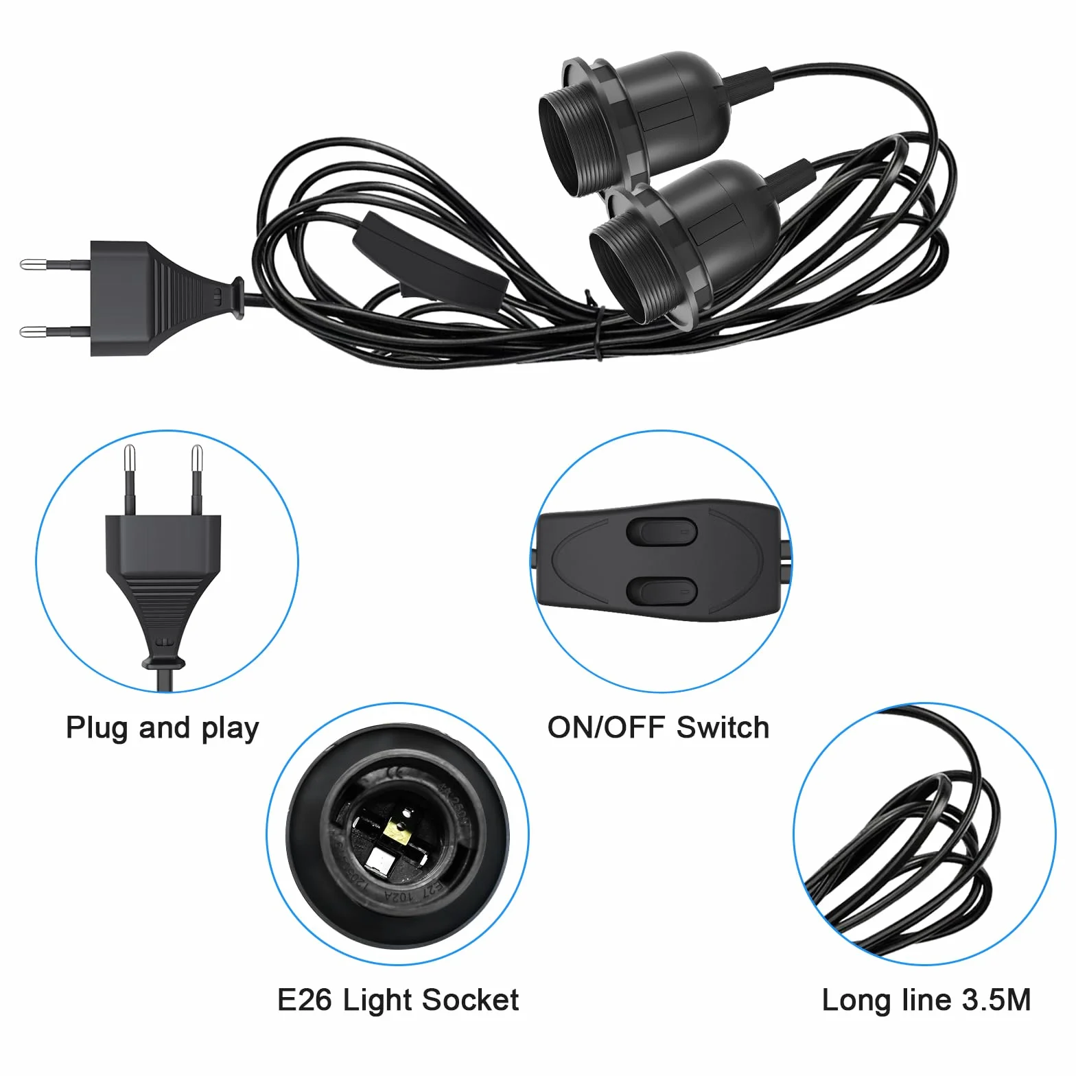 Oprawa lampy E27 z przełącznikiem i wtyczką, oprawa E27, czarna, z kablem o długości 3,5 m, pierścień śrubowy, do kuchni, salonu i pokoju dziecięcego - czarna