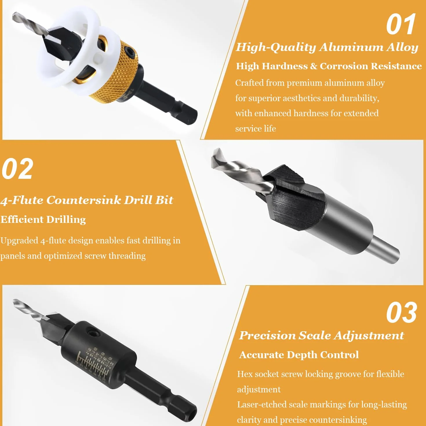 Zestaw Wierteł Stożkowych 6szt, HSS Countersink Drill Bits do Drewna, Profesjonalne Wiertła do Zagłębień z Regulowanym Ogranicznikiem Głębokości z Sześciokątnym Trzonkiem 1/4" do Obróbka Drewna