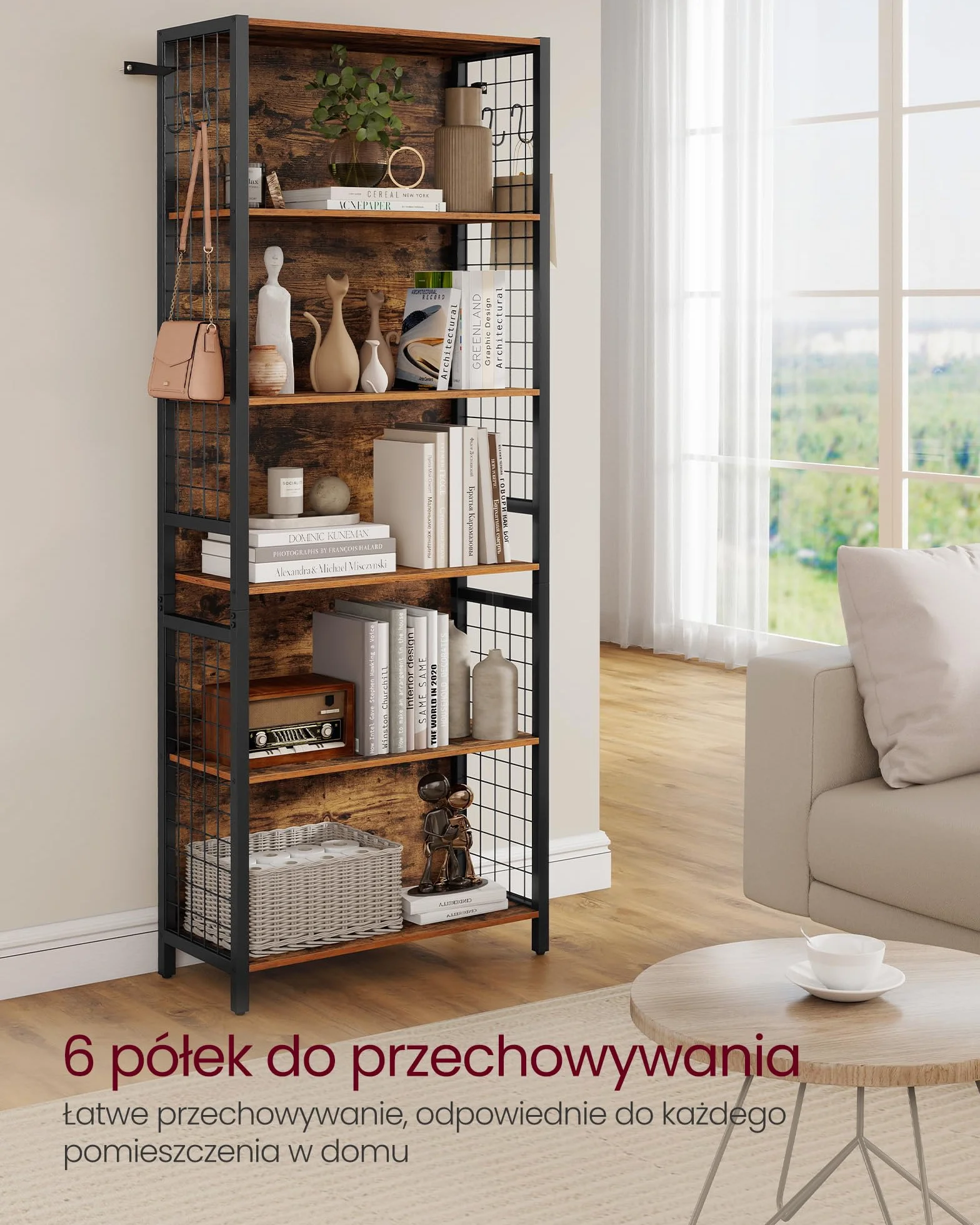 VASAGLE Regał na książki, 6-poziomowy regał na książki, jednostka regałowa z 4 haczykami, 30 x 60 x 175,6 cm, do biura, gabinetu, salonu, sypialni, rustykalny brąz i atramentowa czerń LLS171K01