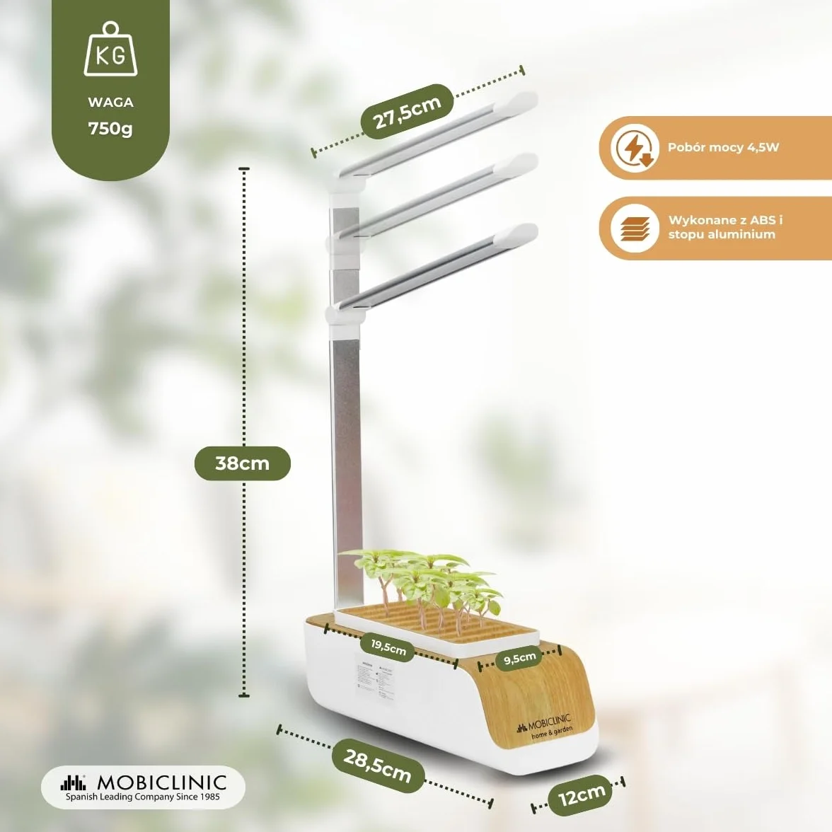Mobiclinic®, Hydroponiczny system uprawy, Mini-grow, Światł do regulowana wysokość i kąt, Timer wody przypomnienie, Zestaw kiełkowania roślin, Automatyczna dioda led, 4, 5 w