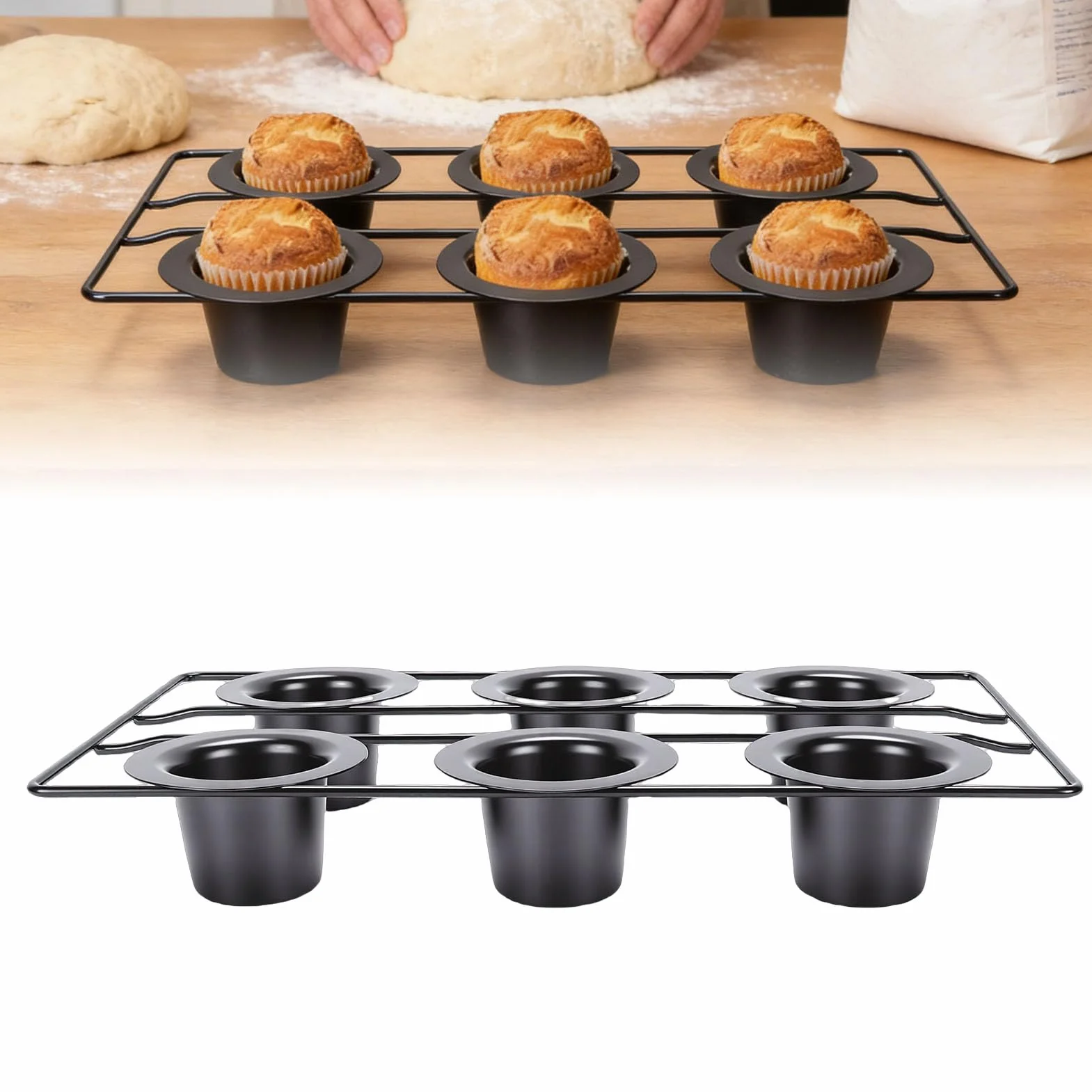 RIZGHWOY Forma do Popover na 6 Filiżanek, Nieprzywierająca Forma do Pieczenia ze Stali Węglowej Muffinów Typu Popover, z drucianą kratką zapewniającą Równomierne Pieczenie i łatwe