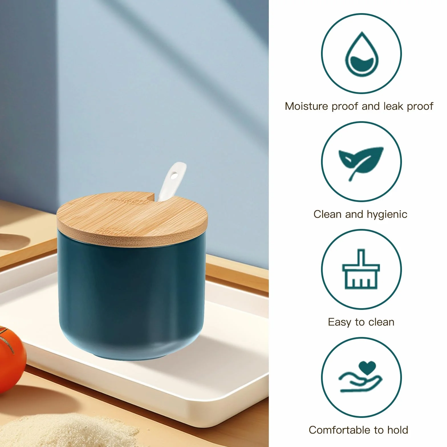 Ceramiczna solniczka z drewnianą pokrywką i łyżeczką, szmaragdowa zieleń, pojemnik na sól do kuchni