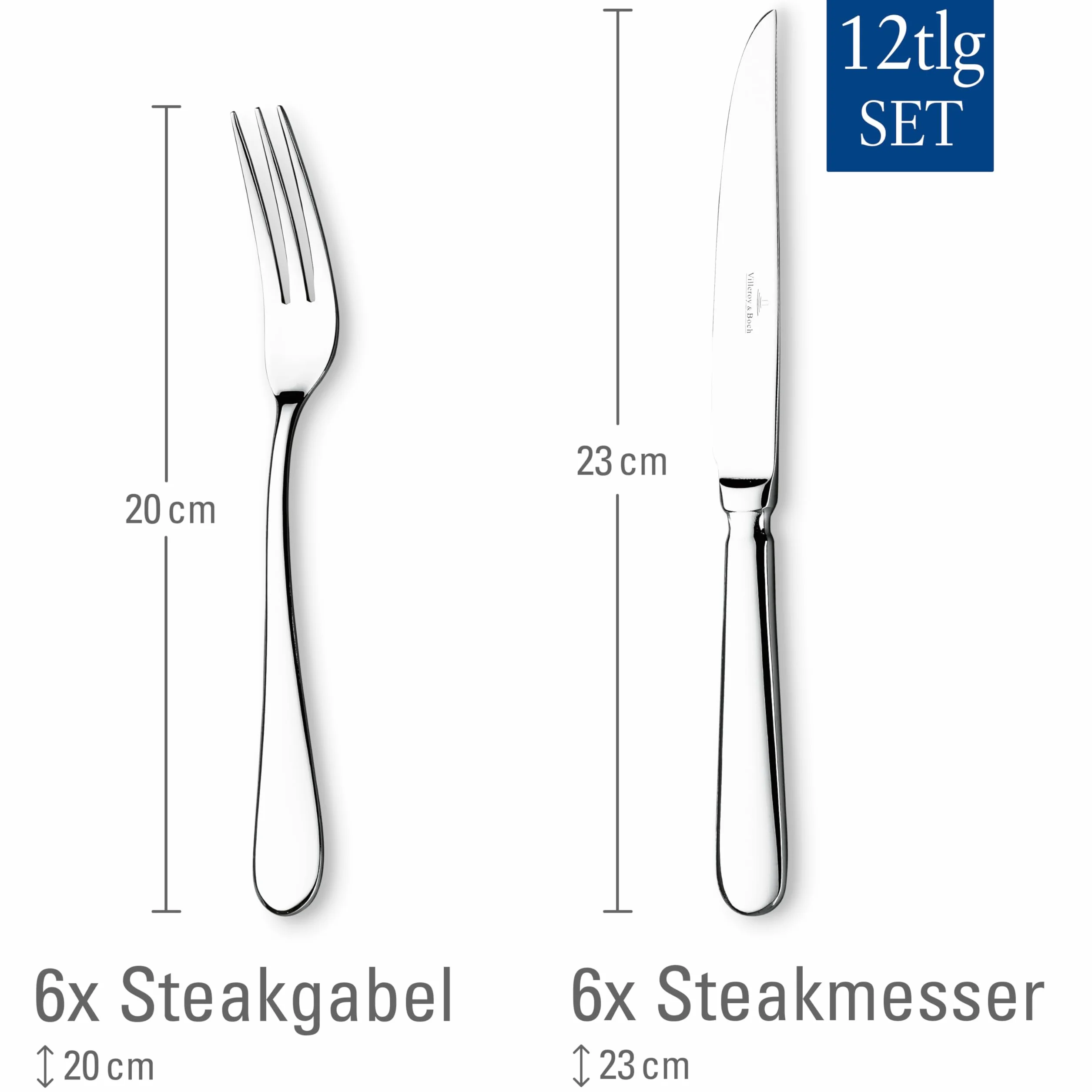 Villeroy & Boch 1263399374 Oscar Steak, 12-częściowy zestaw stalowych sztućców dla maksymalnie 6 osób, nadaje się do mycia w zmywarce, 28,5 x 20 x 5 cm, biały