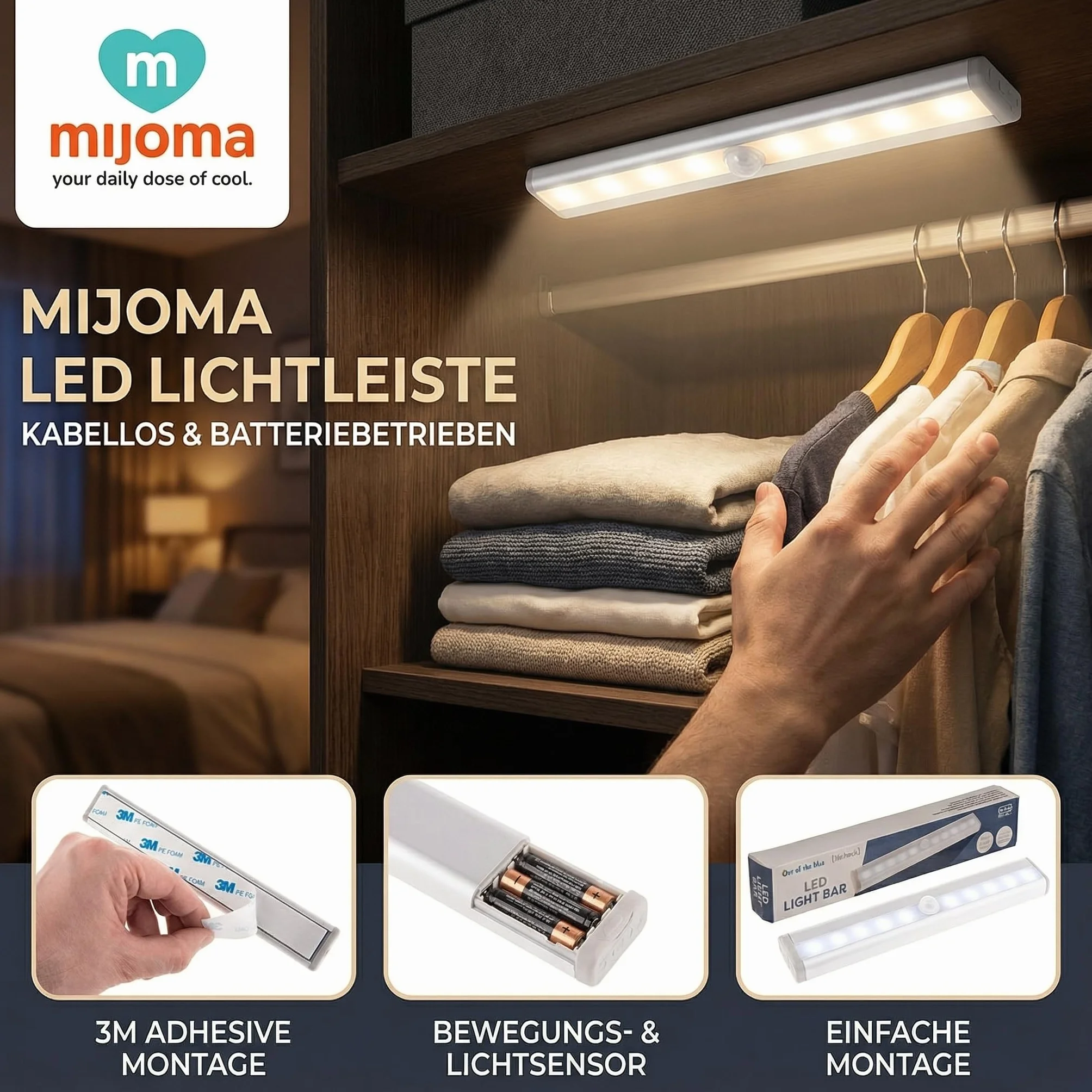 MIJOMA Listwa świetlna LED z czujnikiem ruchu i światła – bezprzewodowa, zasilana bateriami, samoprzylepna, 19 cm – lampka nocna do korytarza, szafy na ubrania, kuchni, piwnicy
