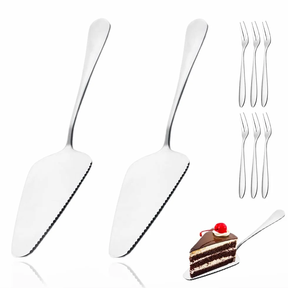 Łopatka do tortów, 2 sztuki, łopatka do ciasta ze stali nierdzewnej, łopatka do ciasta, łopatka do ciasta, łopatka do tortów, do kuchni, jadalni i na imprezy świąteczne, serwowana z 6 widelcami