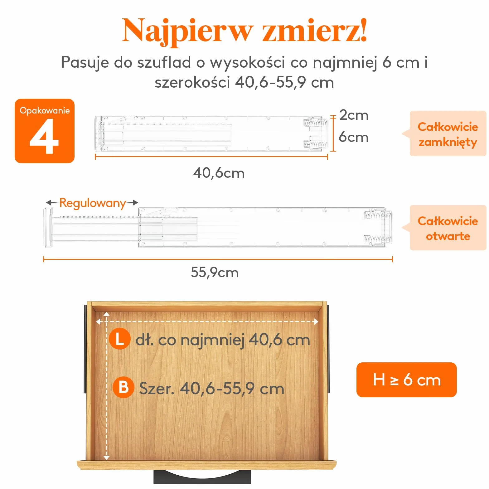 Lifewit 4 Przegródek do Szuflado Wysokości 6 cm,40.6-56 cm, Regulowany Organizer do Szuflad na Przybory Kuchenne/Kosmetyki, Plastikowe, Rozszerzalne Separatory do Przechowywania w Sypialni