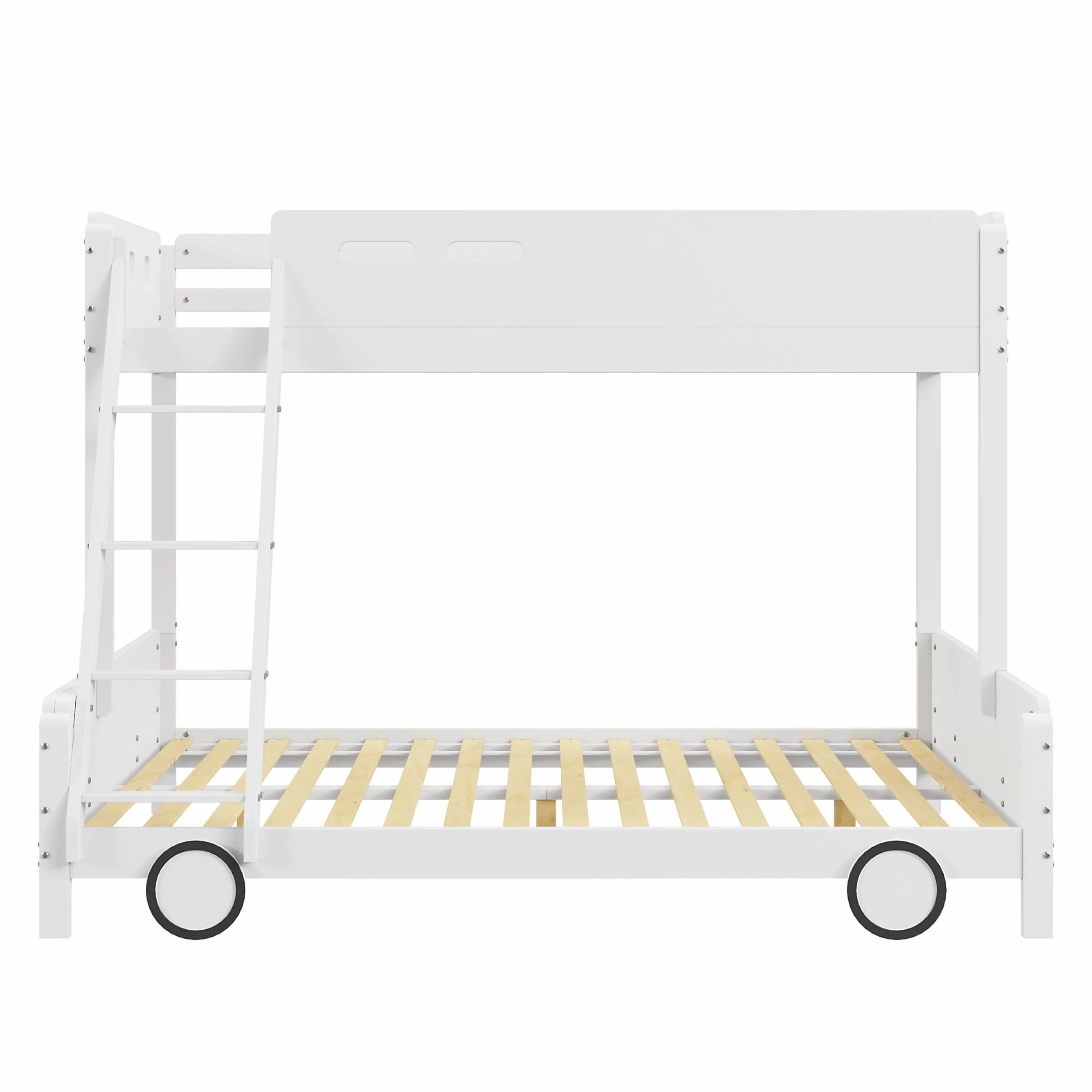 Dziecięce łóżko piętrowe w kształcie samochodu z litego drewna – u góry 90 x 200 cm, na dole 140 x 200 cm – łóżko rodzinne dla rodzeństwa – kratka bezpieczeństwa, kolor biały – obciążenie do 140 kg