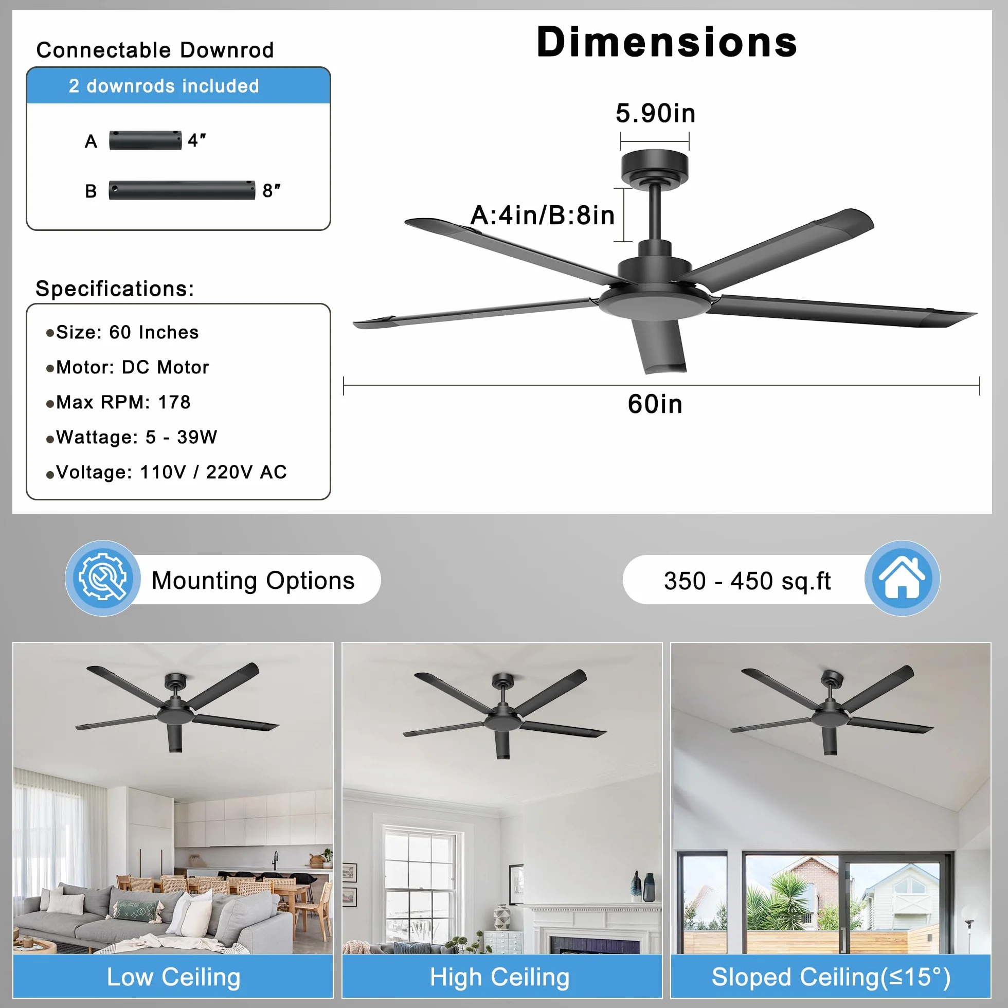 Ohniyou Wentylator sufitowy 152 cm bez światła - duże przemysłowe wentylatory sufitowe z pilotem i aplikacją, 5 aluminiowych łopatek, cichy silnik prądu stałego na taras, salon, warsztat i garaż