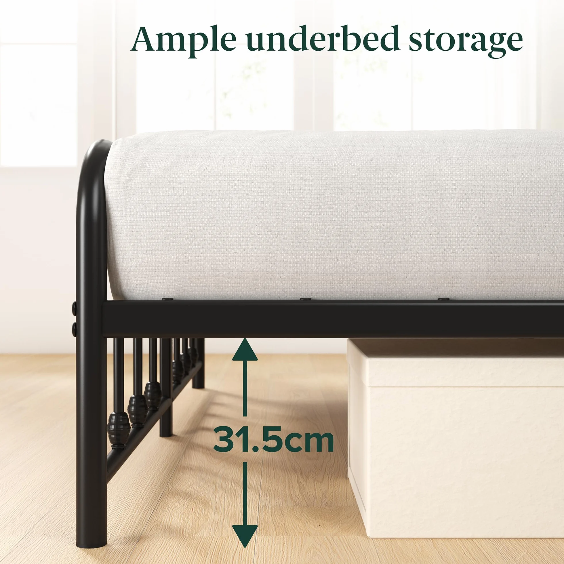 Zinus Florence Łóżko 140 x 200 cm – 35 cm wysokości – metalowa rama łóżka z zagłówkiem i podnóżkiem – łóżko ze stelażem – rama łóżka w stylu vintage – miejsce do przechowywania pod łóżkiem – czarne