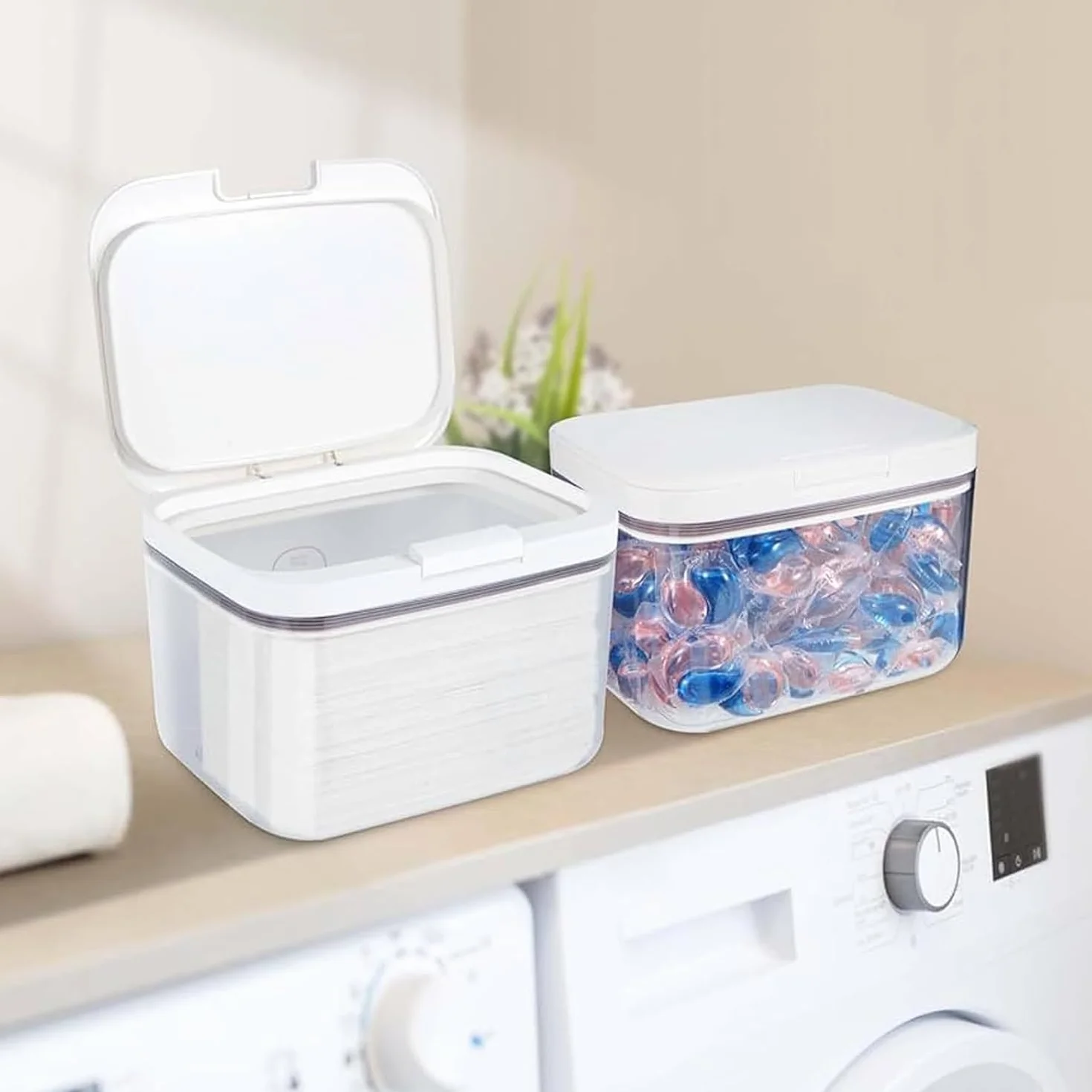 Pojemnik na detergent LINLINOI 2,8 l, dozownik proszku do prania z jednym przyciskiem, uniwersalny słoik na detergent, kapsułki do prania i karmę dla kotów – praktyczny organizer do łazienki i kuchni