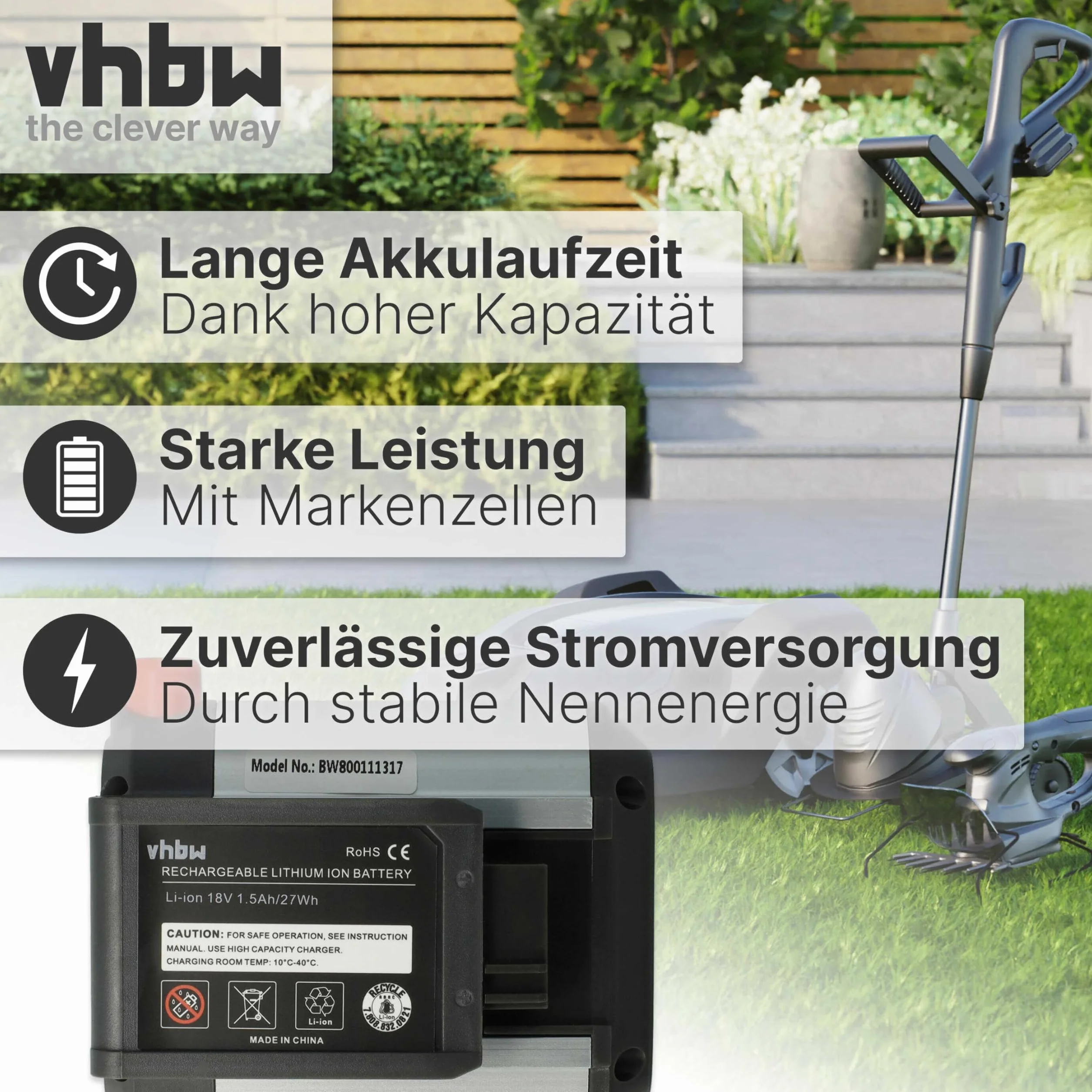 vhbw akumulator pasujący do kosiarki akumulatorowej Gardena PowerMax Li-18/32 i Allround dmuchawy AccuJet Li-18 jak BLi-18 (9840-20, 9839-20) - (Li-Ion, 1500 mAh, 18 V)