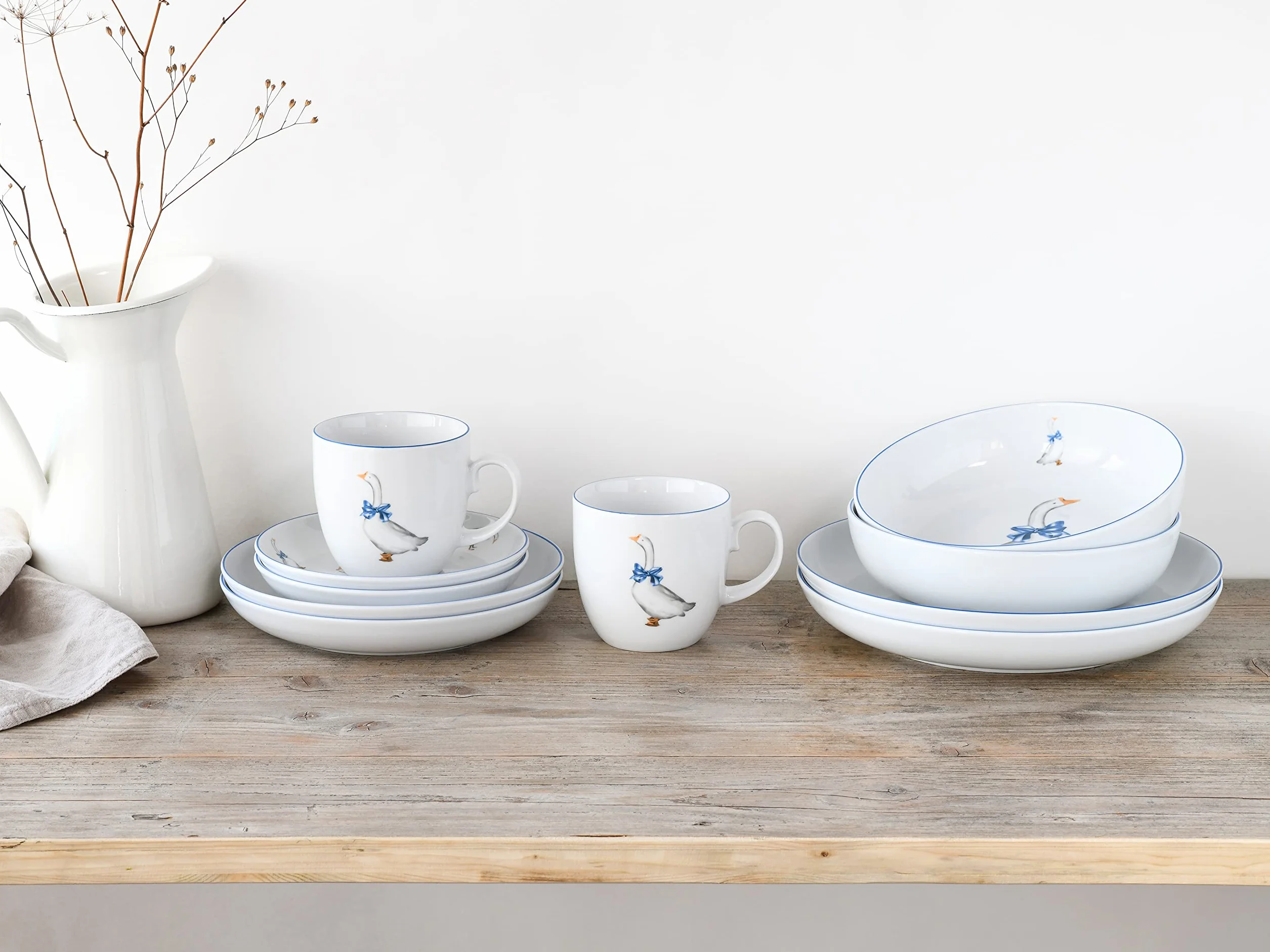 CreaTable 10-częściowy zestaw naczyń porcelanowy seria Gänse Glück do zmywarki i mikrofali