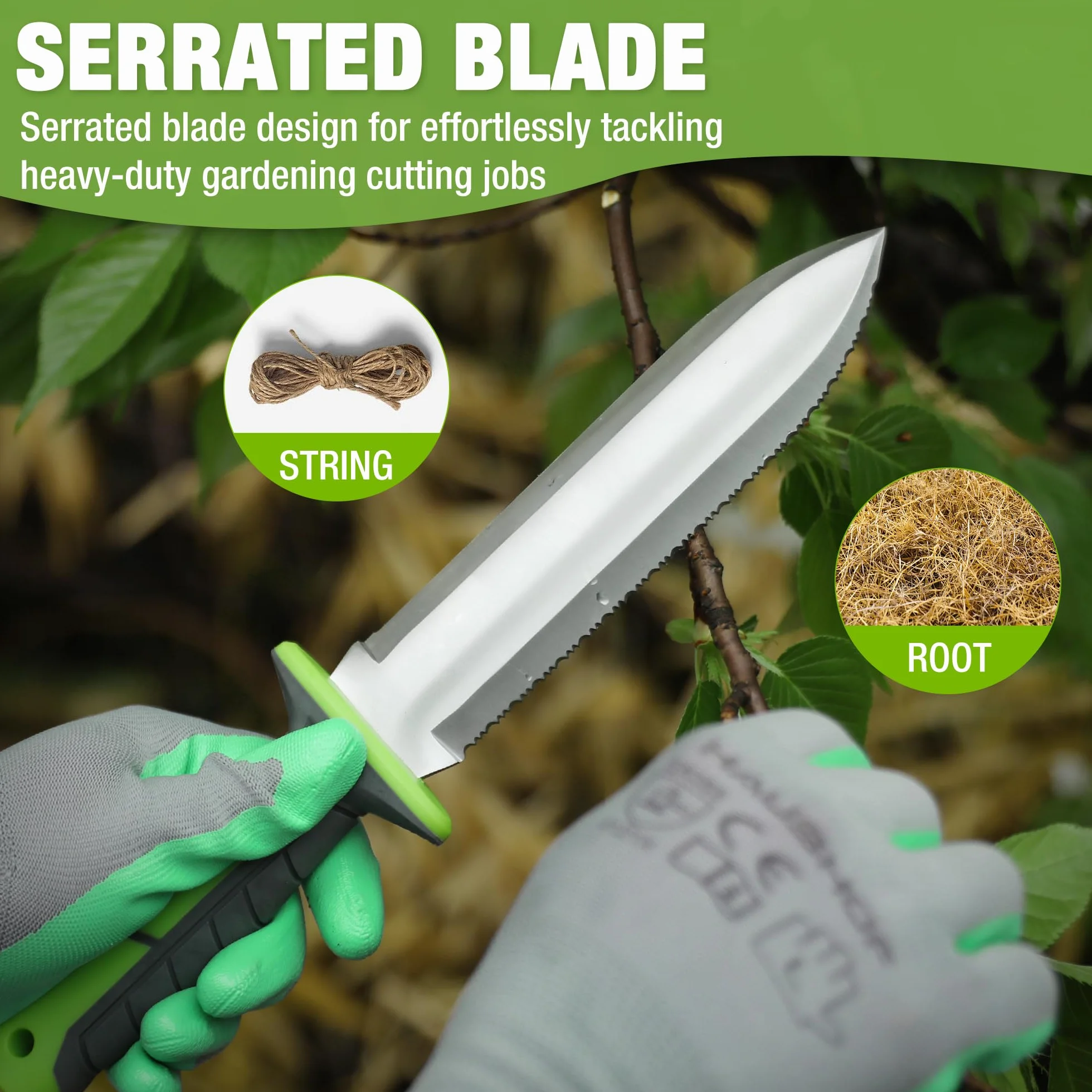 WORKPRO Hori Hori Garden Knife, 7" Stainless Steel Blade with Cutting Edge, Garden Tools with Oxford Sheath, Ergonomic TRP Handle with Hanging Hole for Weeding, Planting, Digging, Green