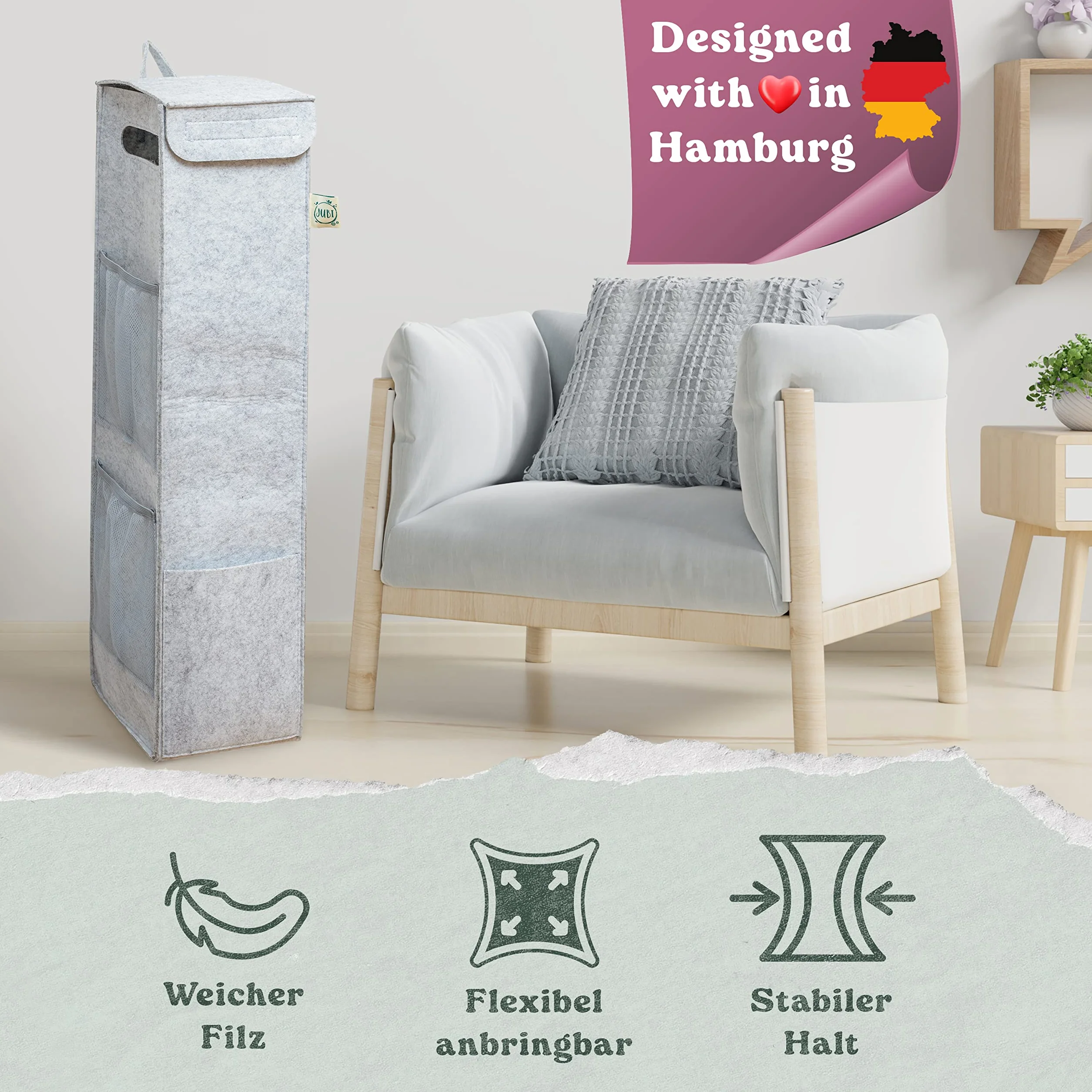 Jubi® organizer na papier prezentowy, w 100% z filcu z recyklingu, na 15 rolek papieru I OekoTexI – stabilny organizer do przechowywania papieru prezentowego, nowoczesny worek do przechowywania (szary