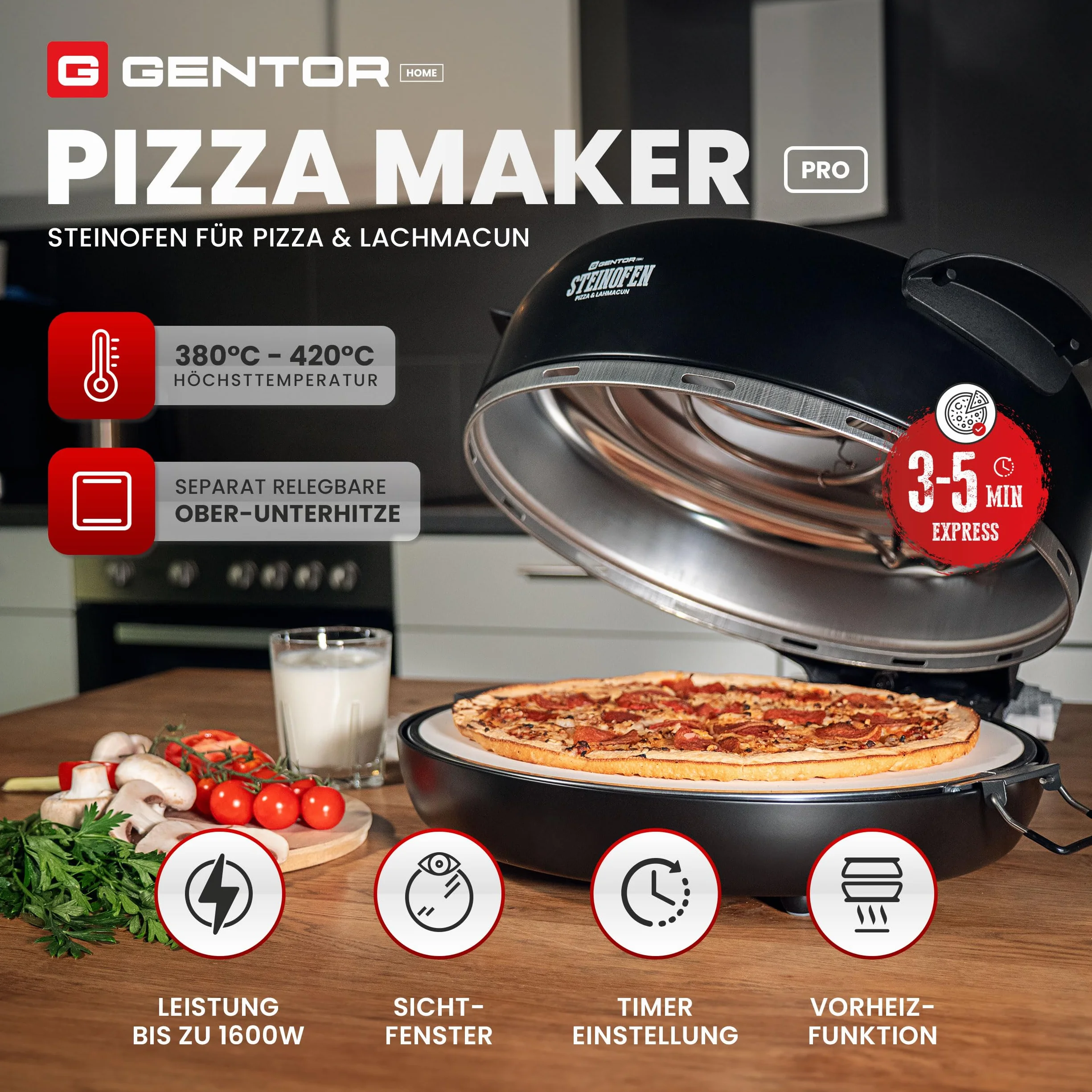 Elektryczny piec do pizzy z kamieniem i okienkiem, 1600 W, do 400°C, do domu i na zewnątrz, z grzałkami górną i dolną