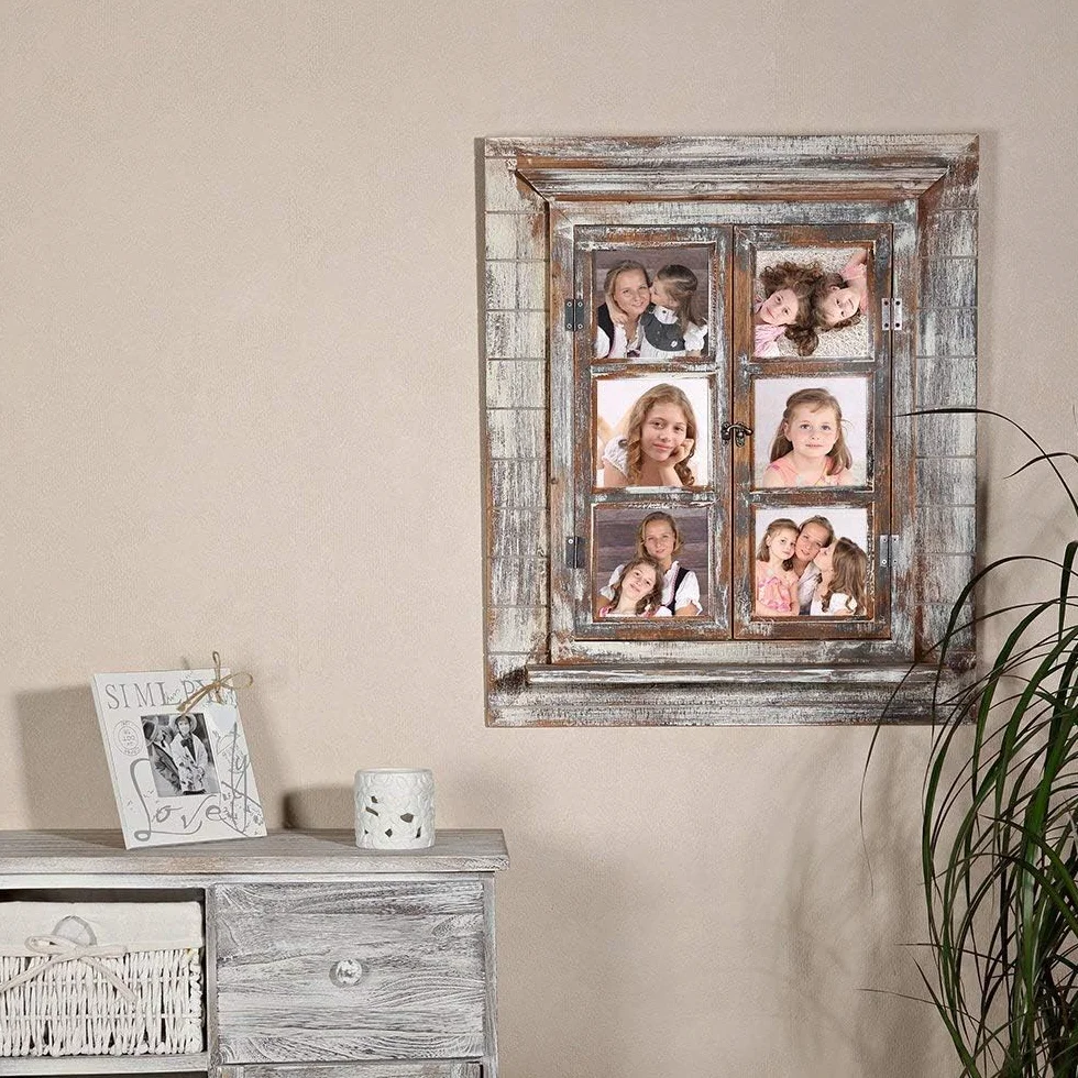 Melko lustro ścienne z okiennicami, 64 x 54 cm, Shabby Chic, okno z lustrem i półką, może być używane jako ramka na zdjęcia 13 x 13 cm