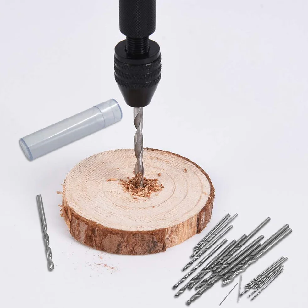 FineGood 25 sztuk wierteł ręcznych, 24 szt. mikro mini wierteł spiralnych (0,6-3 mm) z 1 szt. imadła pinowego narzędzia obrotowe do drewna, biżuterii, tworzywa sztucznego