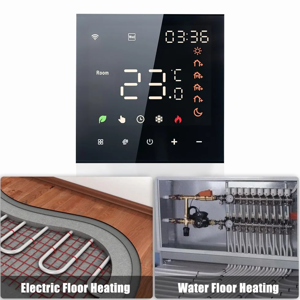 Aoresac Inteligentny termostat, Wi-Fi, programowalny, do ogrzewania podłogowego, wody, kompatybilny z , -Home, 3A, ekran dotykowy LCD, czarny