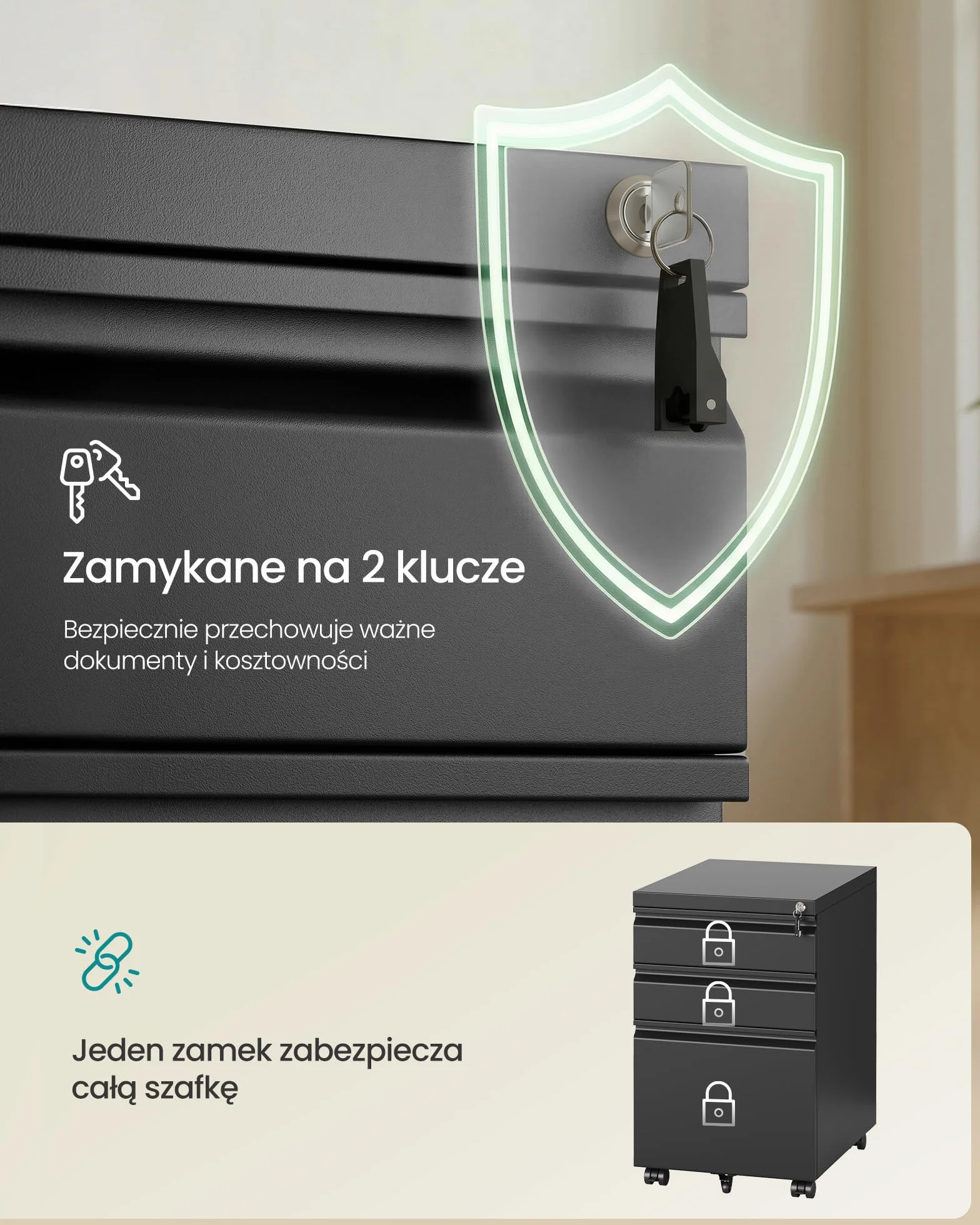 SONGMICS Mobilna szafka na dokumenty z 3 szufladami, metalowa szuflada biurowa, stal, 3 szuflady z zamkiem, szafka na kółkach do drukarki, 40 x 50 x 62 cm, matowa czerń OFC033B101