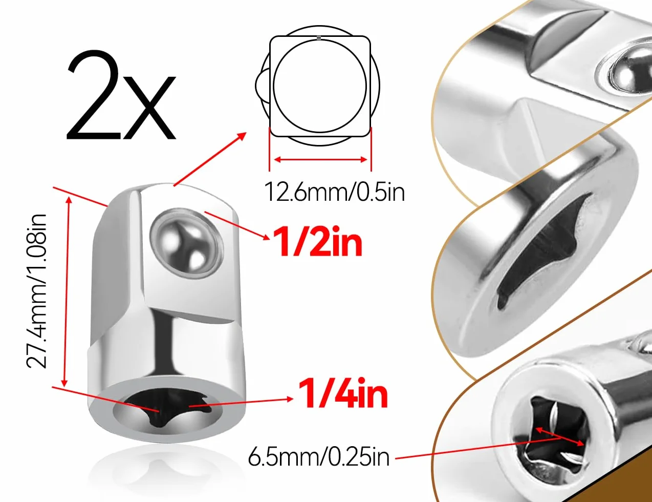 2 adaptery do kluczy nasadowych 1/4 na 1/2 cala, ze stopu metalu, z grzechotką 1/4 cala, do naprawy samochodu, montażu mechanicznego (srebrny)