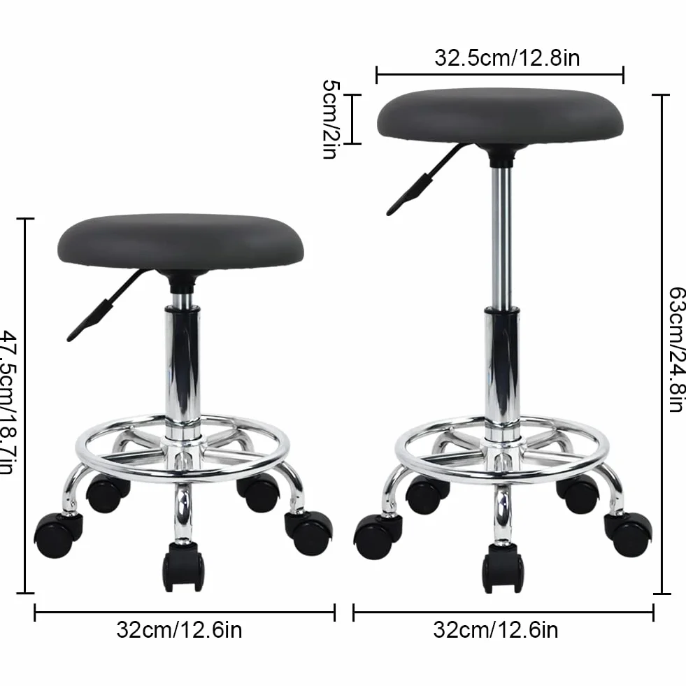 WKWKER Ergonomiczny stołek na kółkach, ze skóry PU, z obrotowym siedziskiem z regulacją wysokości, do kuchni, salonu, laboratorium, biura, czarny