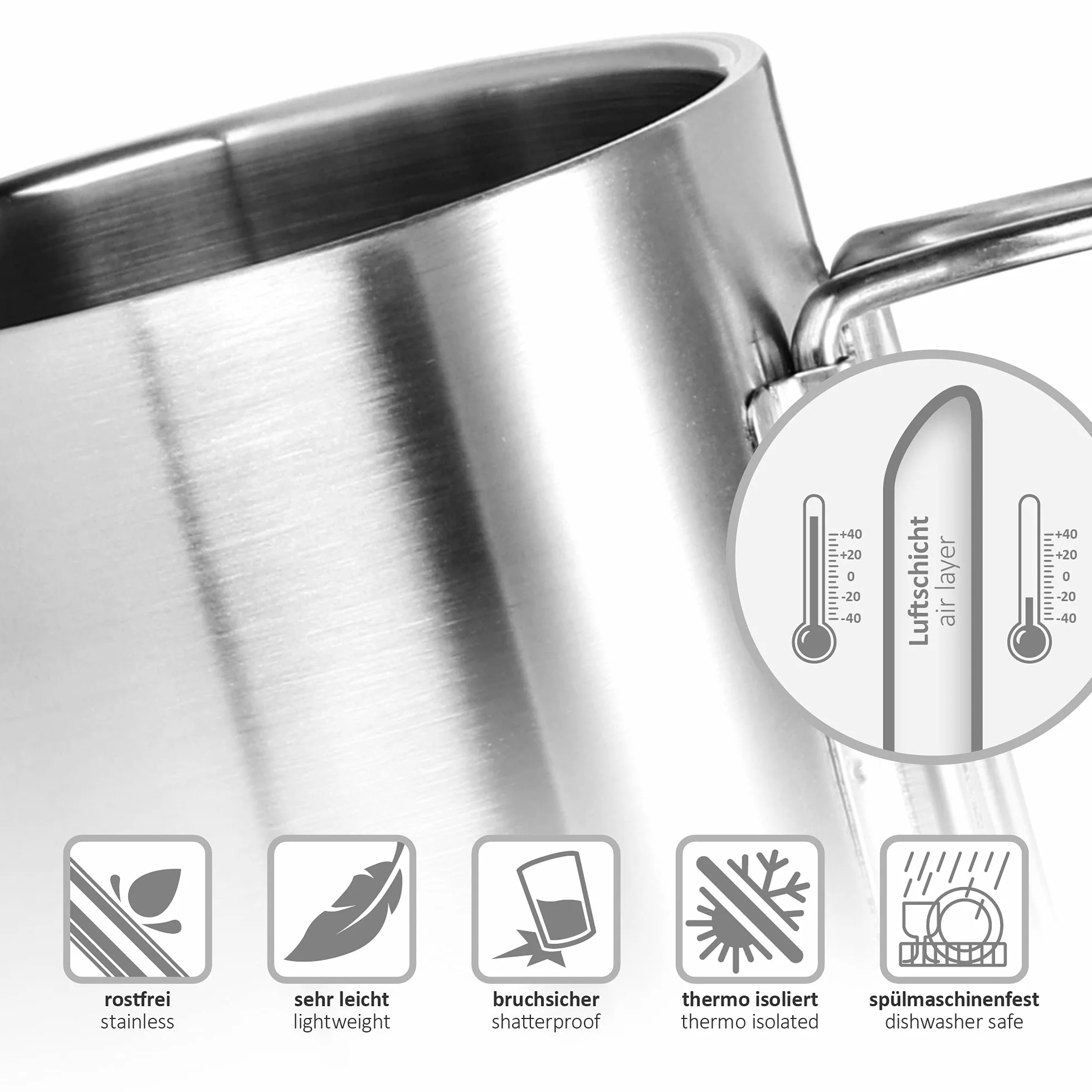 com-four® kubek termiczny stal nierdzewna 350 ml składany uchwyt podwójna ścianka izolacyjna bez BPA srebrny