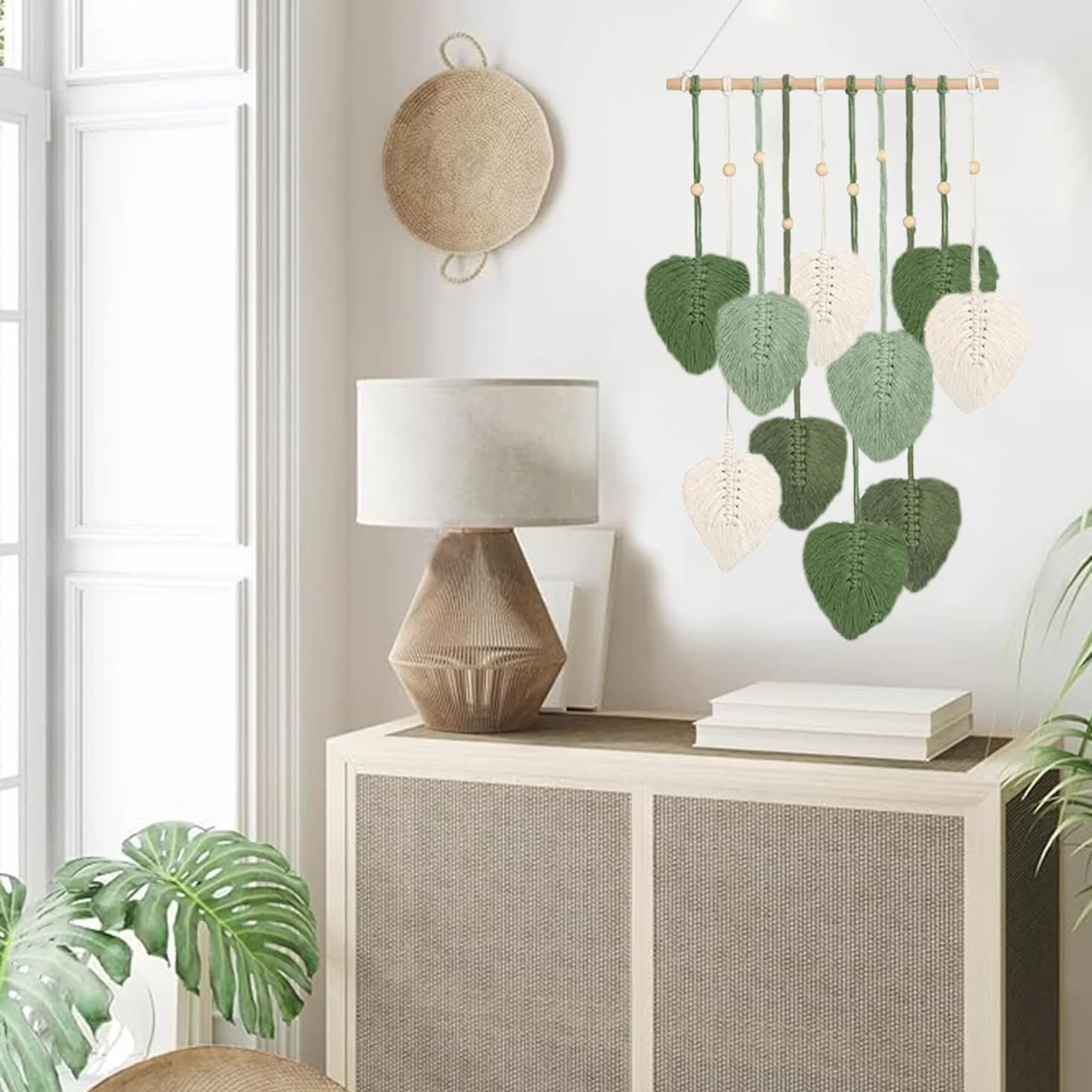 Makrama wiszące liście makrama ścienna boho liść tkany gobelin zielony liść frędzle gobelin boho makrama liść dekoracja ścienna do salonu sypialni pokoju dziecięcego mieszkania